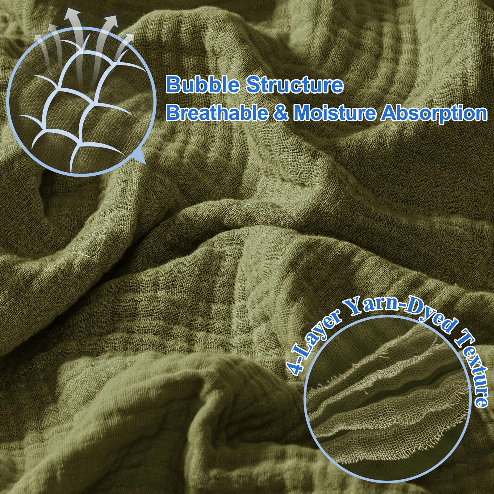 Phf 100% Cotton Muslin Throw Blanket 50' X 60', 4-Layer Lightweight And Breathable Blanket For Summer, Luxuriously Soft Gauze Throws For Couch, Natural Minimalism Style, Ideal Gift, Olive Green