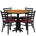 Flash Furniture Carlton 36'' Round Natural Laminate Table Set with X-Base and 4 Ladder Back Metal Chairs - Burgundy Vinyl Seat