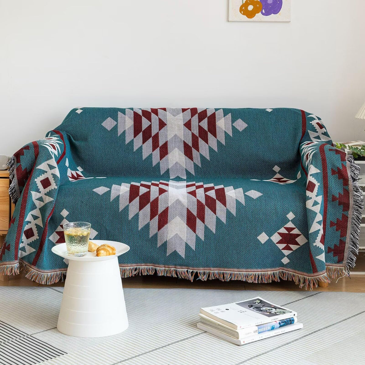 Vclife Boho Couch Cover Soft Cotton Linen Blue Red Gray Triangle Plaid Geometric Sofa Slipcover For Sectional Sofa, Multi-Sue No