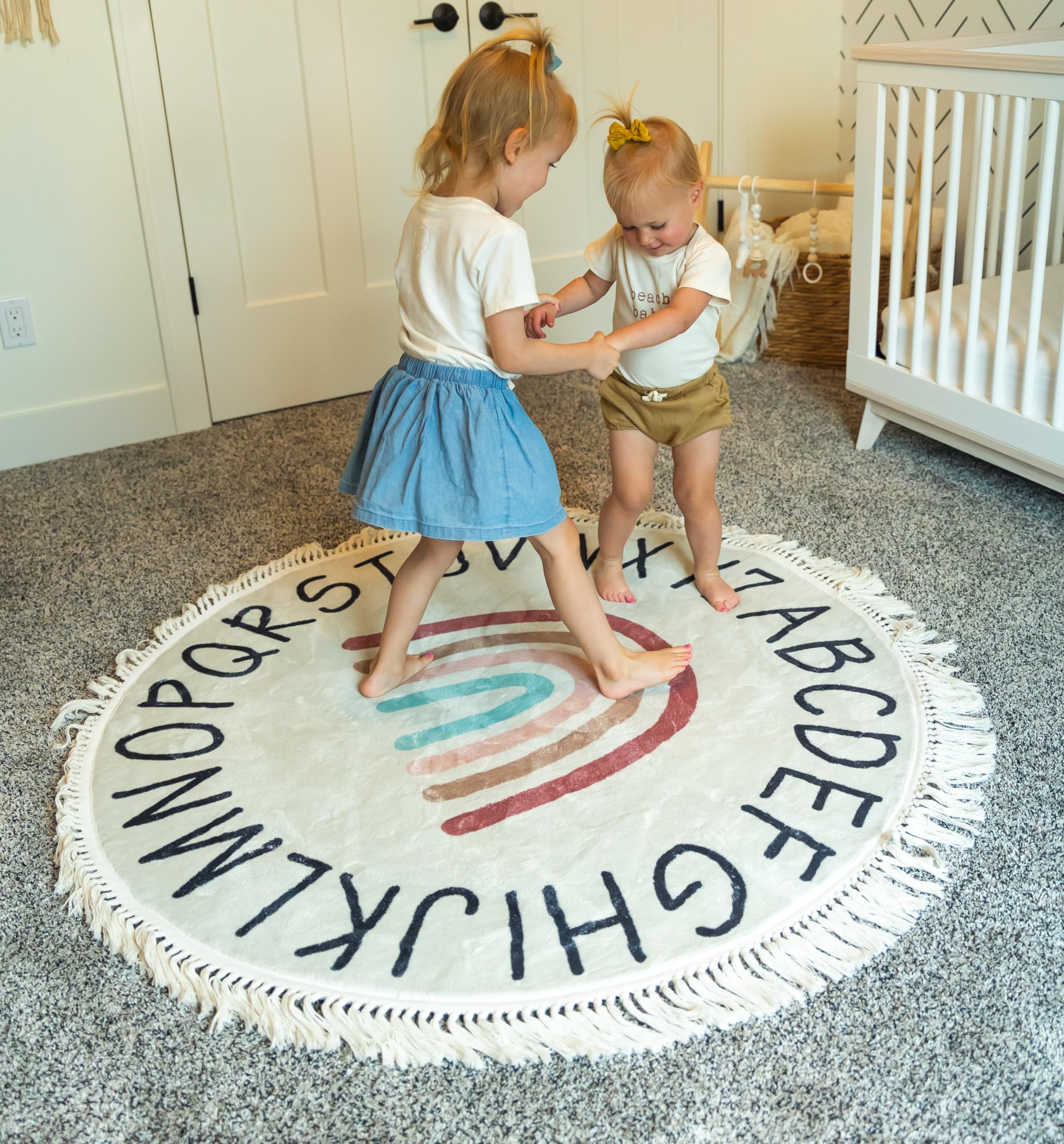 Round Abc Rug For Kids Playroom - 4Ft Lovely Boho Rainbow Rug, Ultra Soft & Non Slip - Alphabet Circle Area Carpet For Nursery T