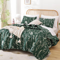 Janzaa Quilts Queen Size Emerald Green Floral Queen Quilt Bedding Set Microfiber Boho Bedspread Lightweight Reversible Coverlet