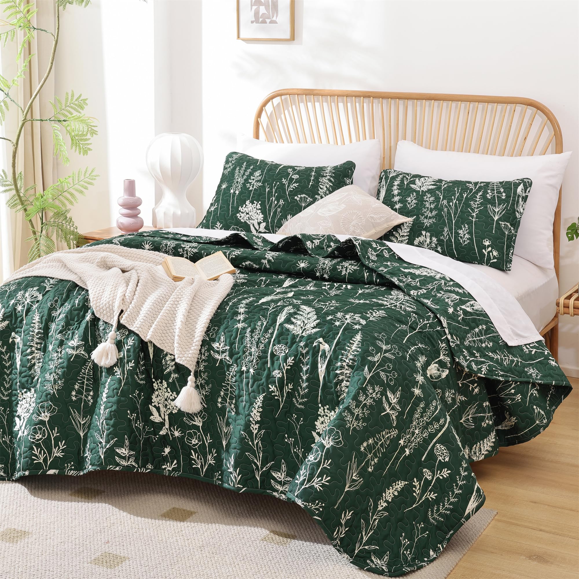 Janzaa Quilts Queen Size Emerald Green Floral Queen Quilt Bedding Set Microfiber Boho Bedspread Lightweight Reversible Coverlet