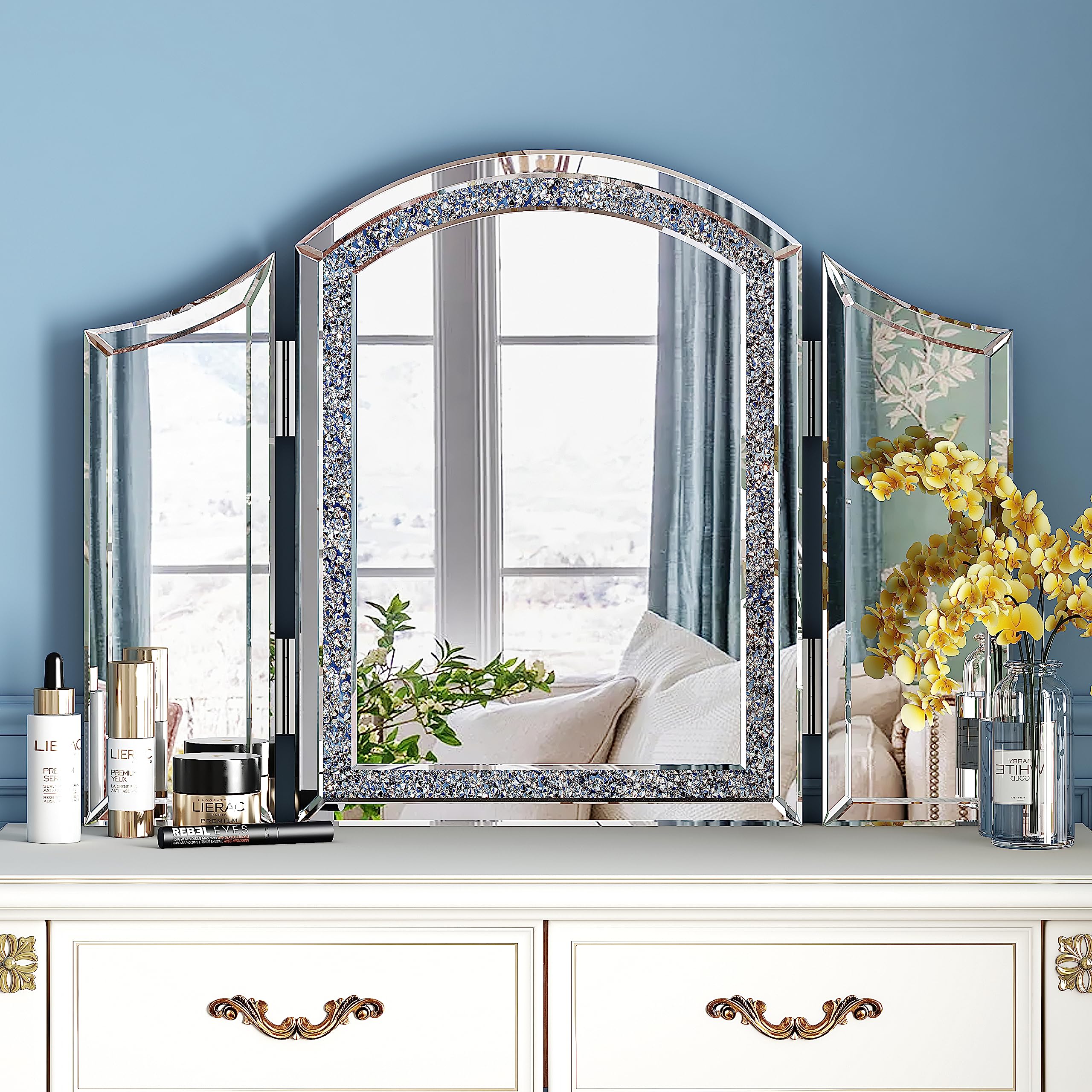 blingworld Trifold Mirror Vanity-Crushed Diamond 3 Way Mirror Bedrooms, Bathroom, Table top Mirror, 360 Makeup Mirror, Decorativ