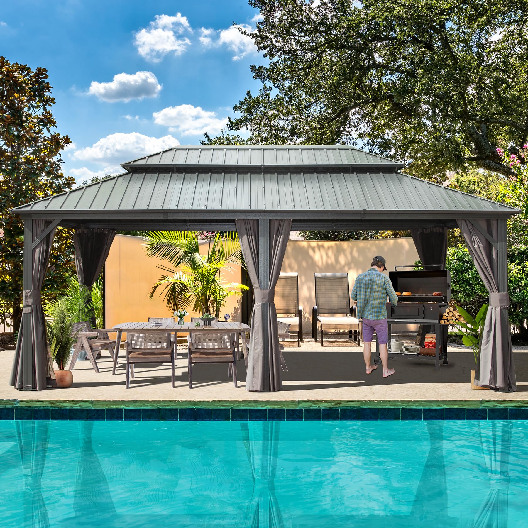 Domi 12 X 18 Hardtop Gazebo Aluminum Frame Canopy With Netting & Curtains, Outdoor Permanent Metal Pavilion With Galvanized Stee