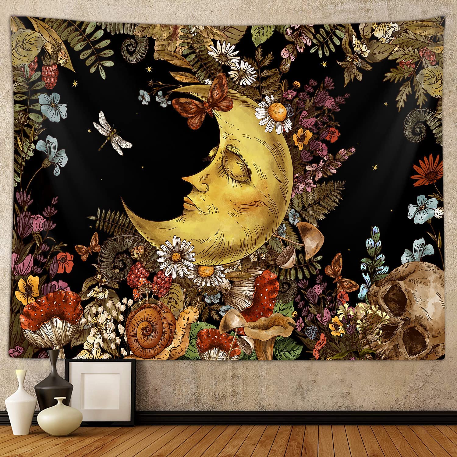 Boho Moon Extra Large Tapestry, Vintage Mushroom Sun And Moon Art Tapestries Wall Hanging For Bedroom Aesthetic Botanical Colleg