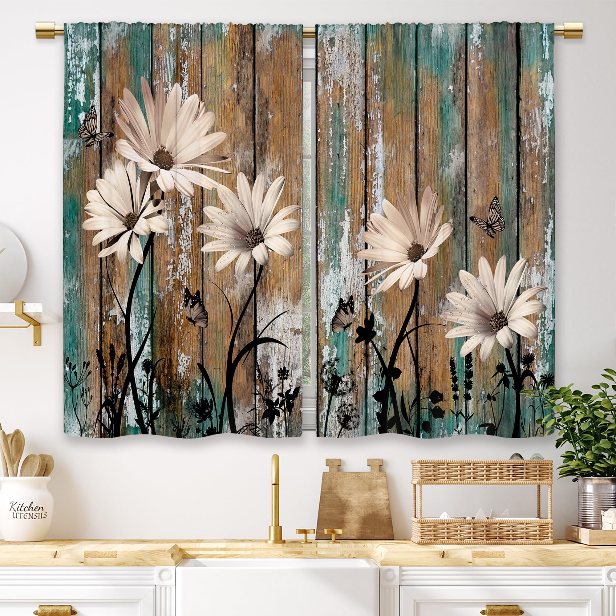 Laifzere Teal Farmhouse Flower Kitchen Curtains Wooden Barn Small Short Cafe Window Curtains Rustic Butterfly Country Spring Bat