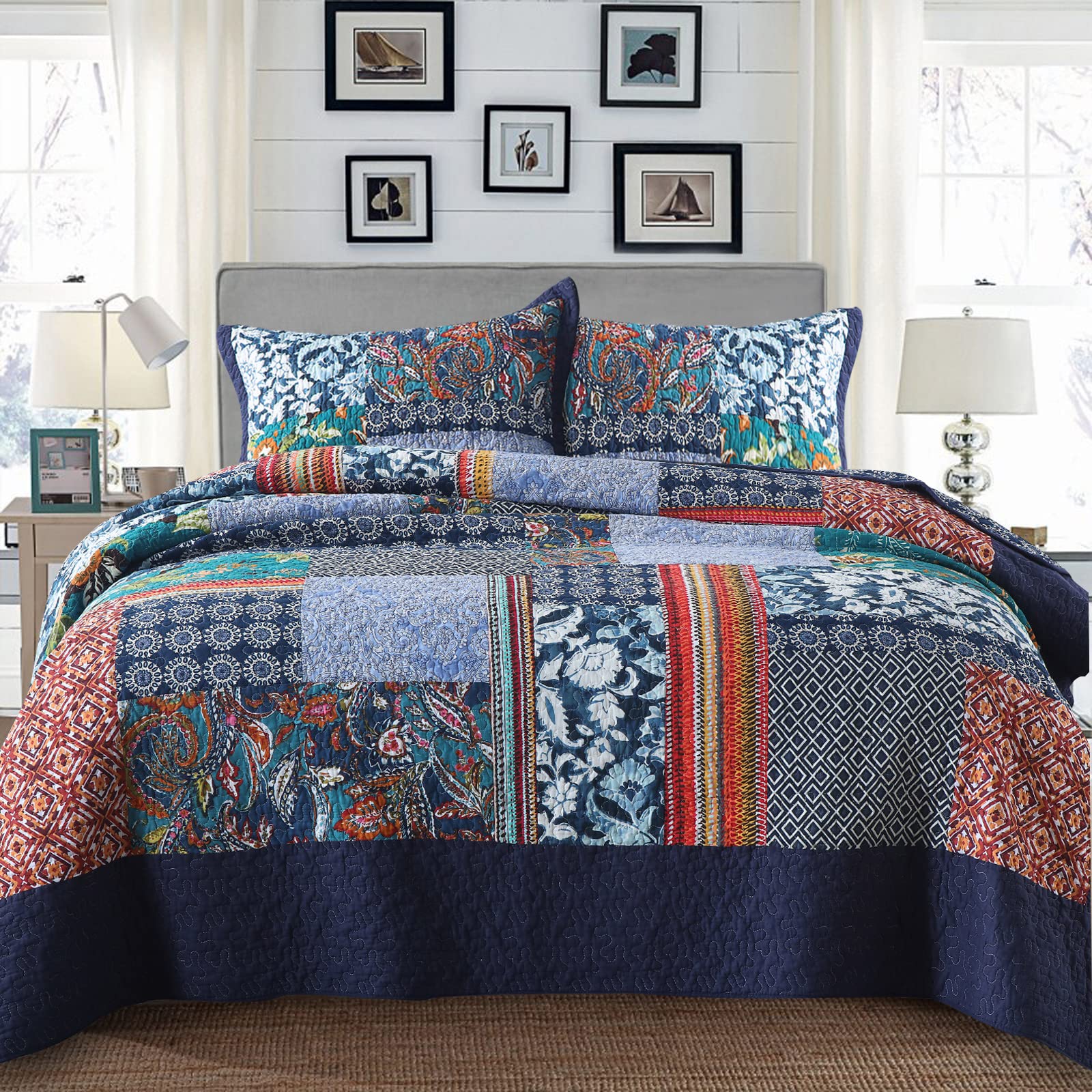 Yvooxny King Quilt Set Reversible Lightweight Bohemian Paisley Patchwork Cotton Quilted Bedspread Coverlet Set 3-Piece Bedding S