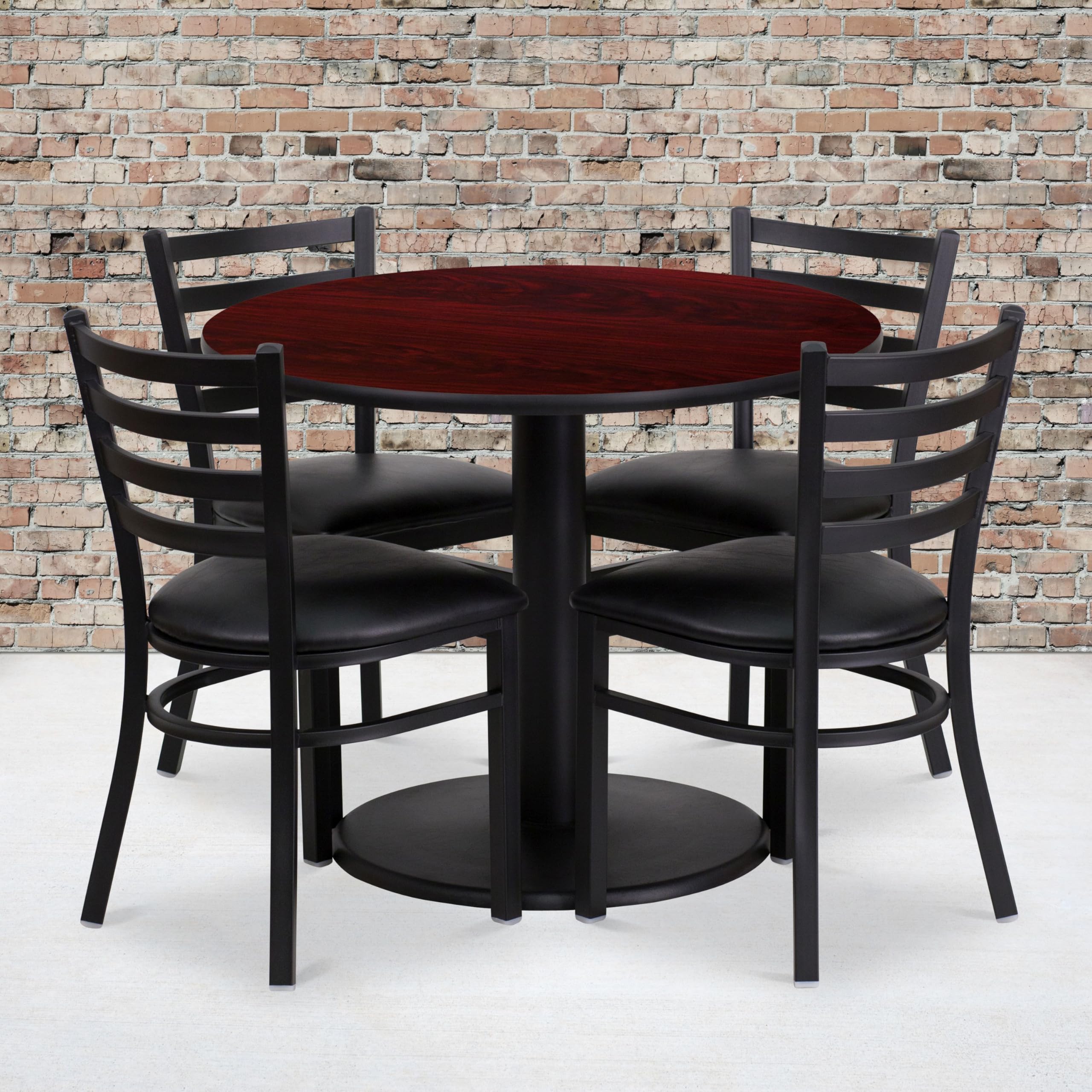 Flash Furniture 36'' Round Mahogany Laminate Table Set With Round Base And 4 Ladder Back Metal Chairs - Black Vinyl Seat