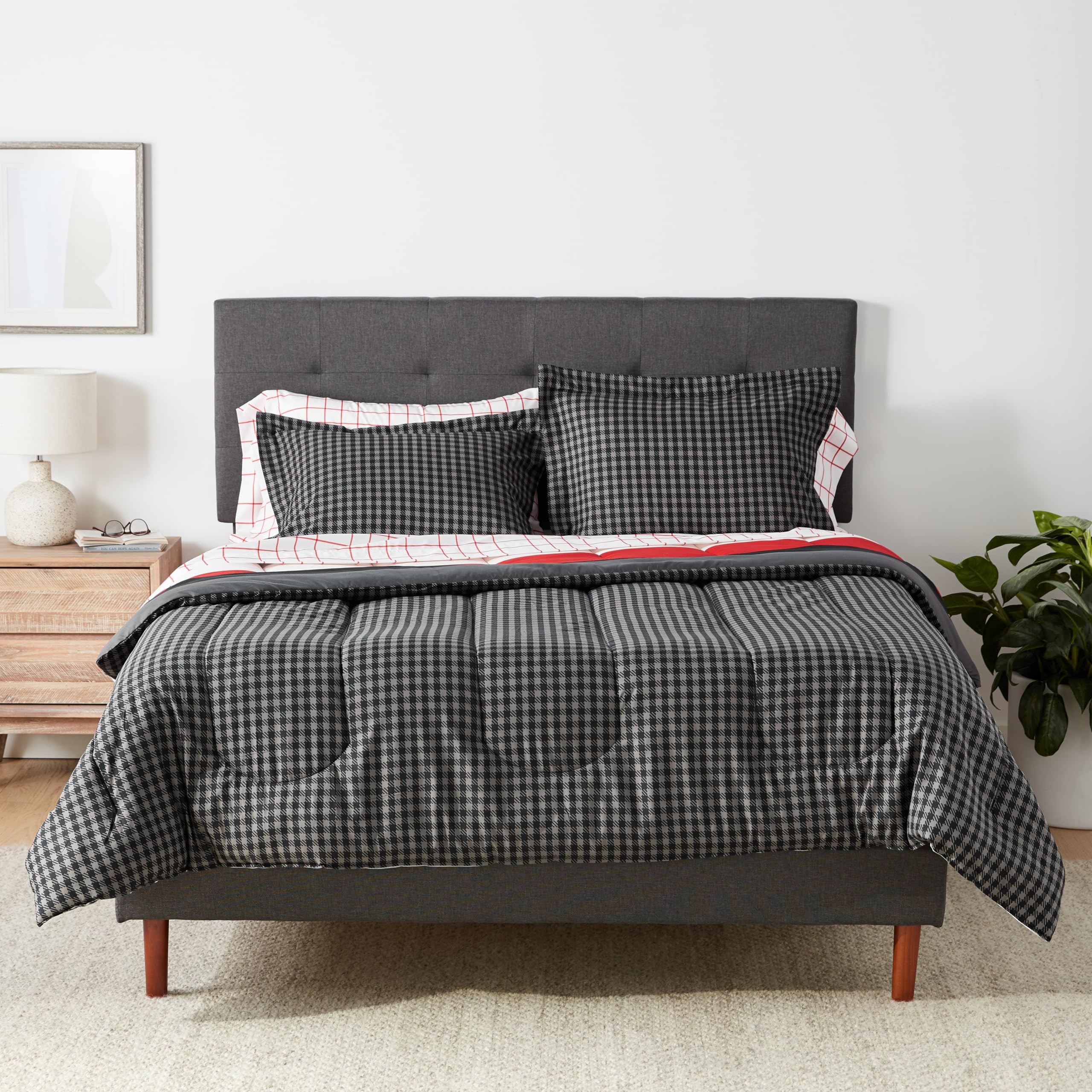 Amazon Basics Full/Queen Comforter Set with Sheets, 5-Piece Red Simple Stripe Bedding, Lightweight Microfiber Bed-in-a-Bag