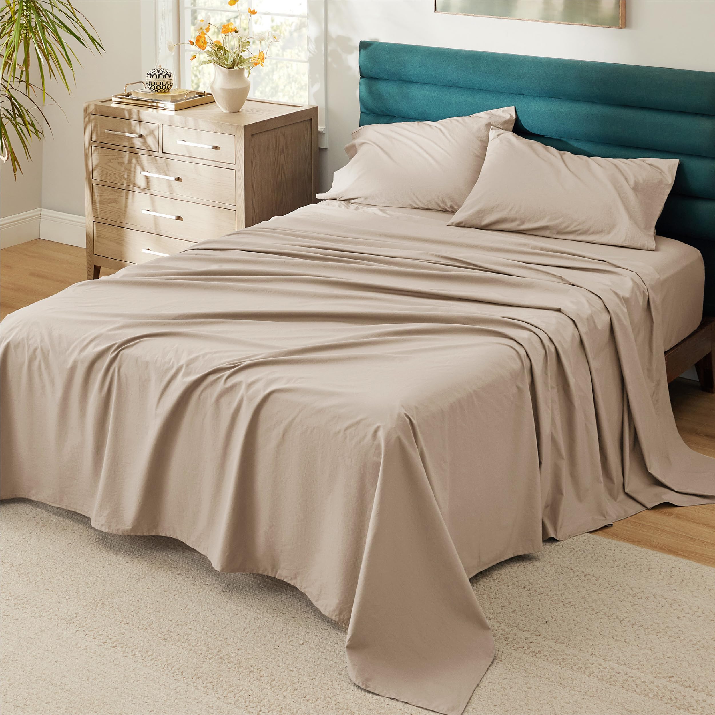 Bedsure Cotton Percale Queen Sheet Set - 100% Cotton Bed Set For Queen Size Bed, Breathable & Crirsp Soft Sheets, Deep Pocket Up To 16 Inches, Bedding Bedsheets & Pillowcases, Taupe
