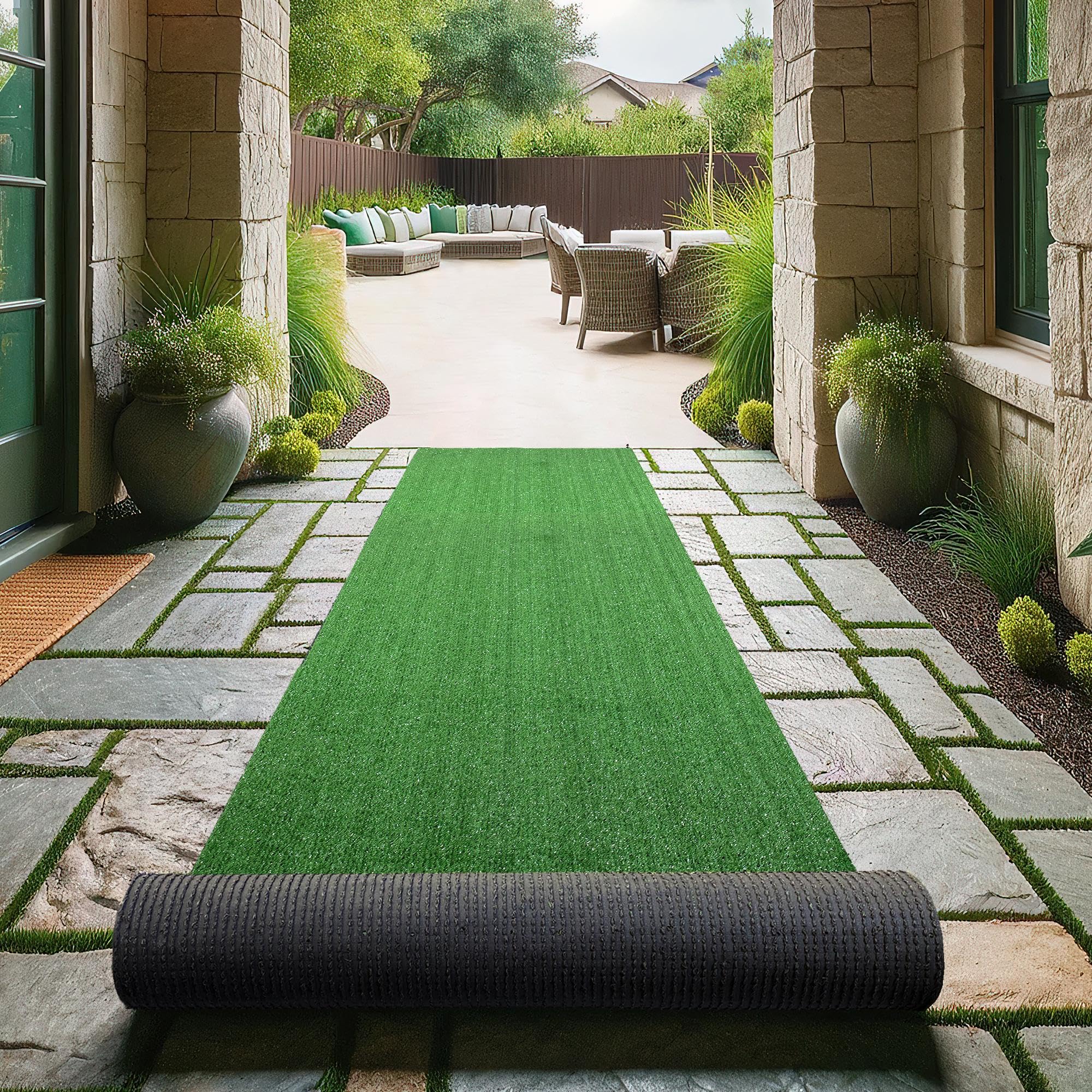 Sweet Home Stores Waterproof Easy-Clean Solid Grass 3x17 Indoor/Outdoor Artificial Grass Runner Rug, 27 x 17, Green