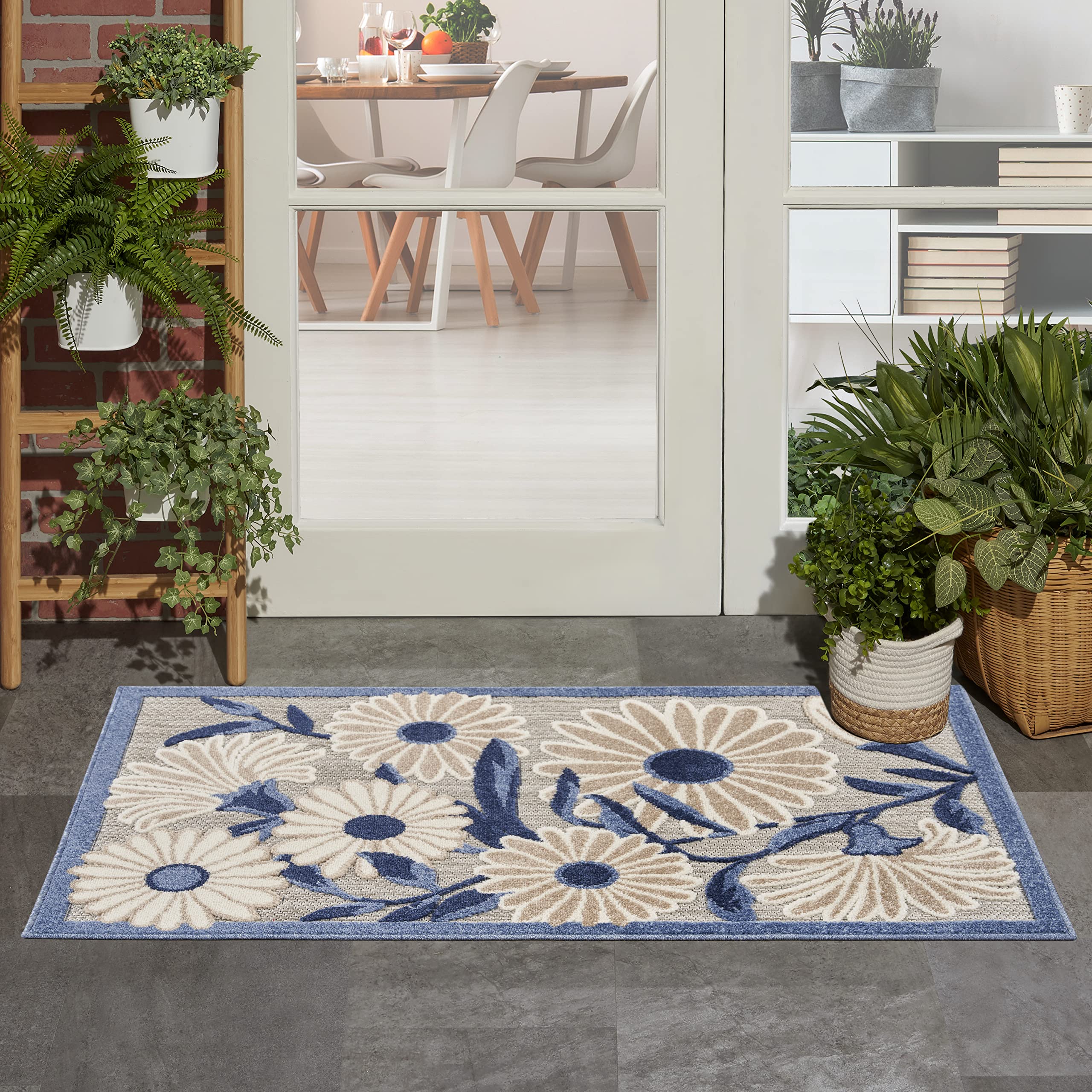 Nourison Aloha Indoor/Outdoor Blue Grey 2'8' X 4' Area Rug, Easy Cleaning, Non Shedding, Bed Room, Living Room, Dining Room, Backyard, Deck, Patio (3X4)