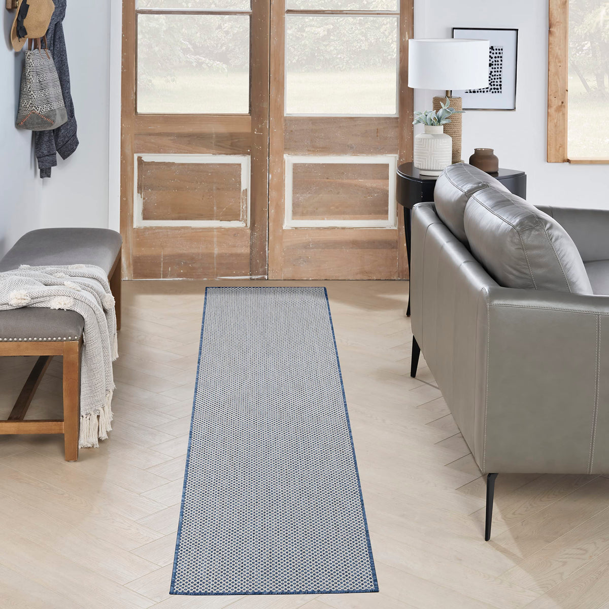 Nourison Courtyard Indoor/Outdoor Ivory Blue 2'2' X 8' Area Rug, Easy Cleaning, Non Shedding, Bed Room, Living Room, Dining Roo