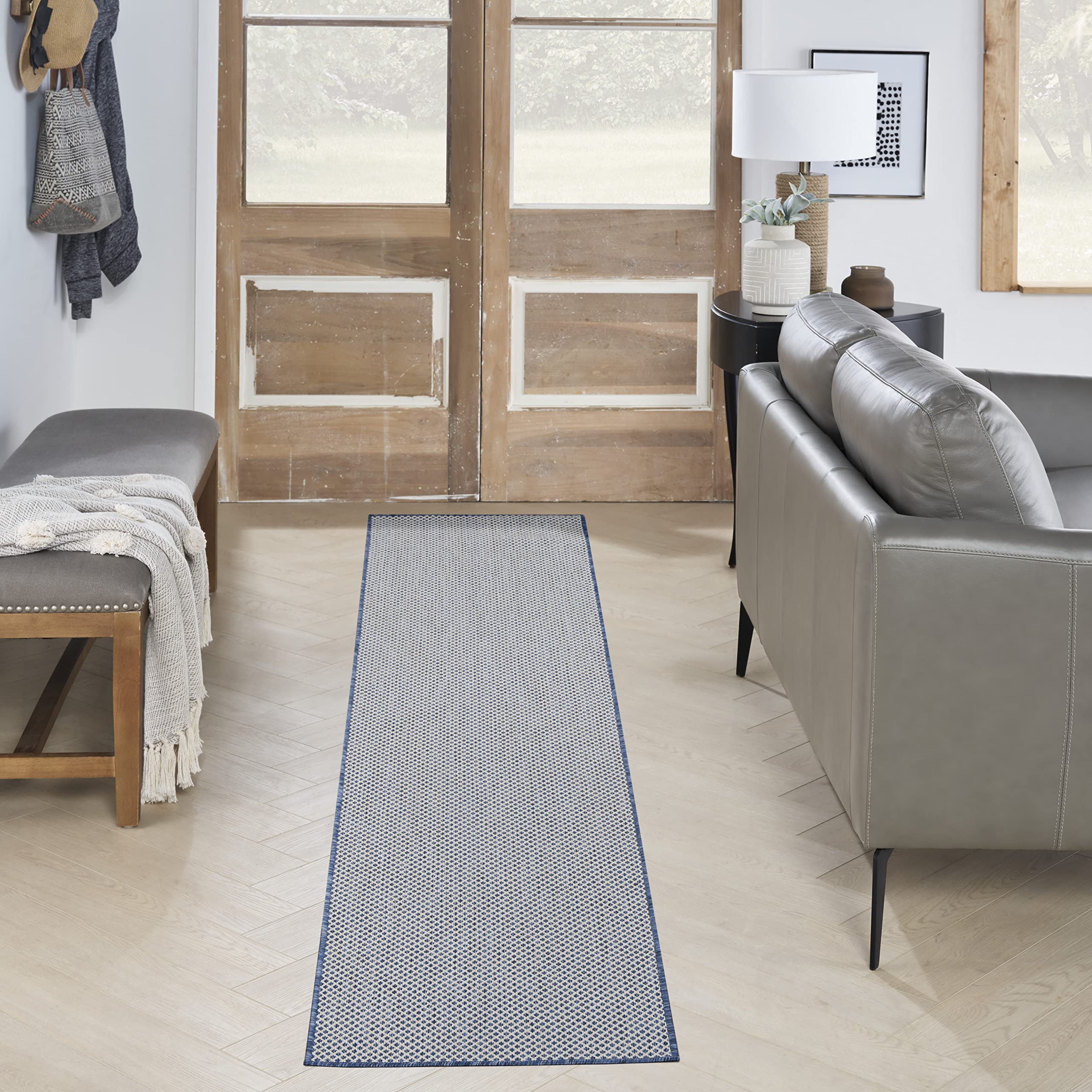 Nourison Courtyard 10' Runner Ivory Blue Fabric Modern Area Rug (10' Runner)