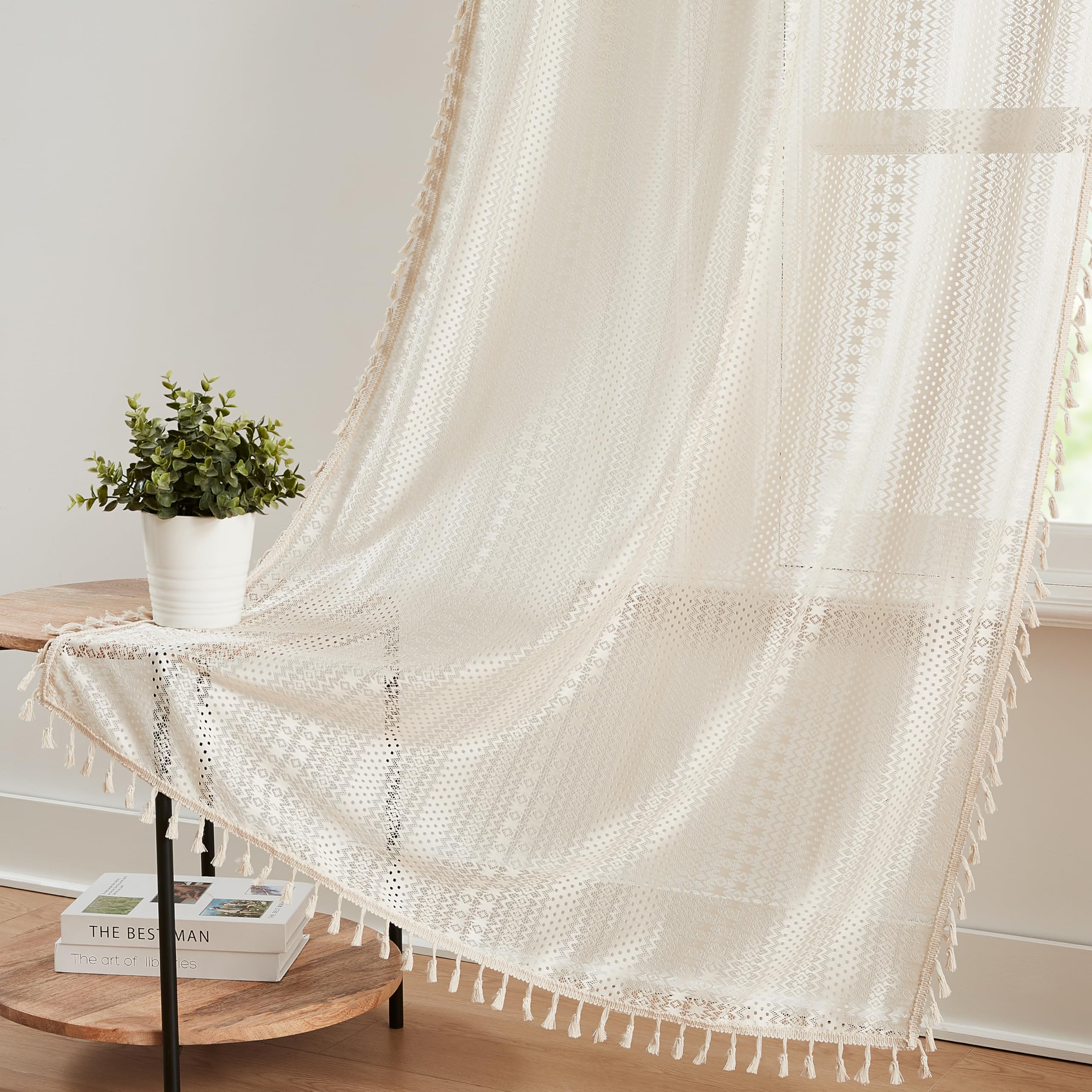 Bapawfish 95 Inches Long Beige Boho Lace Sheer Curtains For Bedroom Living Room,Farmhouse Geo Pattern Drapes,Textured Rod Pocket