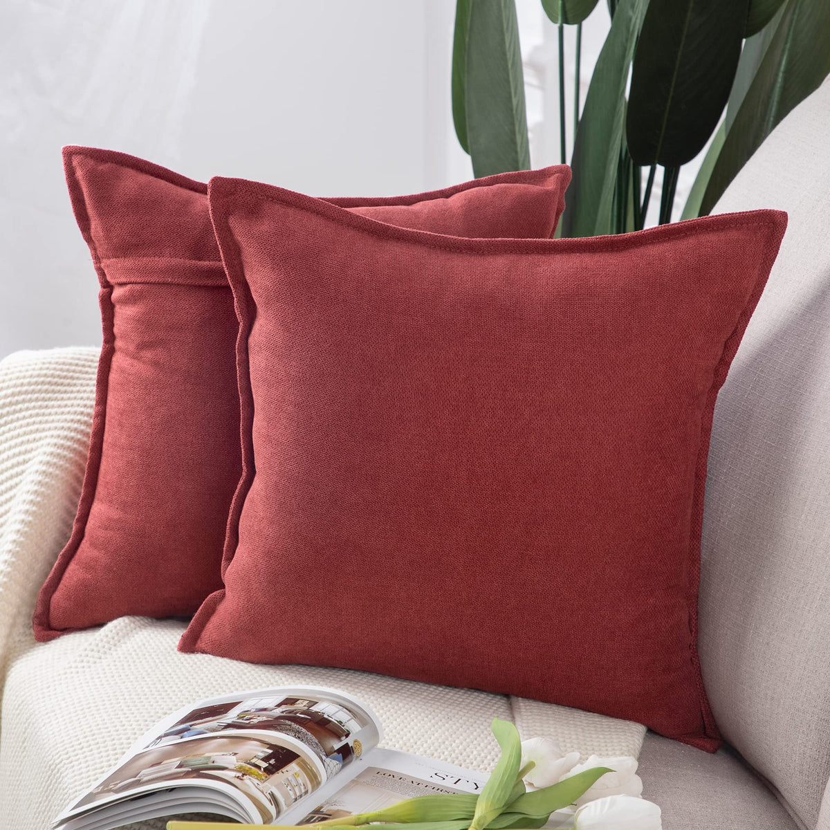 Madizz Set Of 2 Short Chenille Throw Pillow Covers 24X24 Inch Burgundy Soft Decorative Cushion Cover For Sofa Bedroom Pillow She