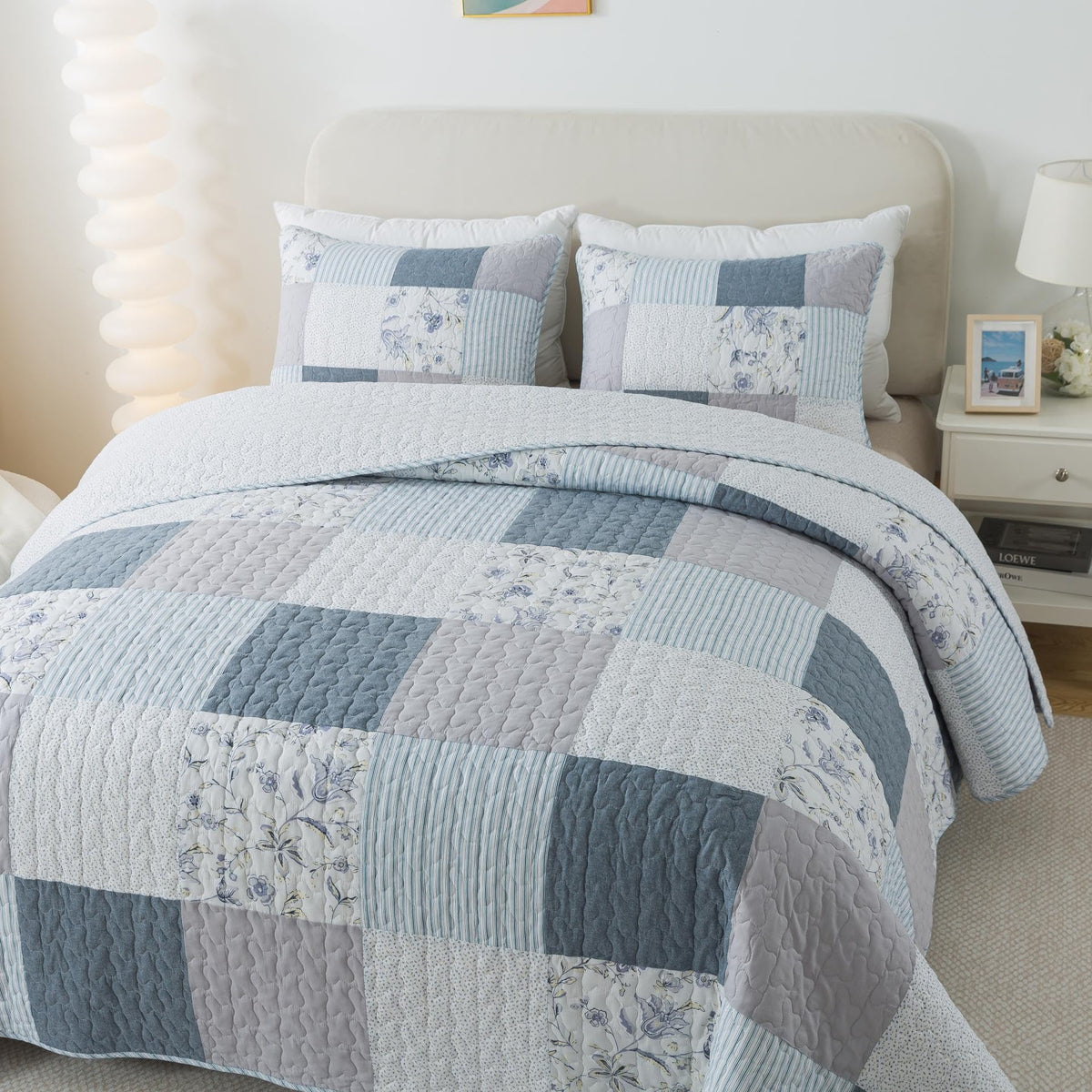 Slpr Coastal Dream Cotton Pieced Quilt Set - Queen Size With 2 Shams, Soft Purple & Blue Patchwork Quilted Bedspread, Farmhouse