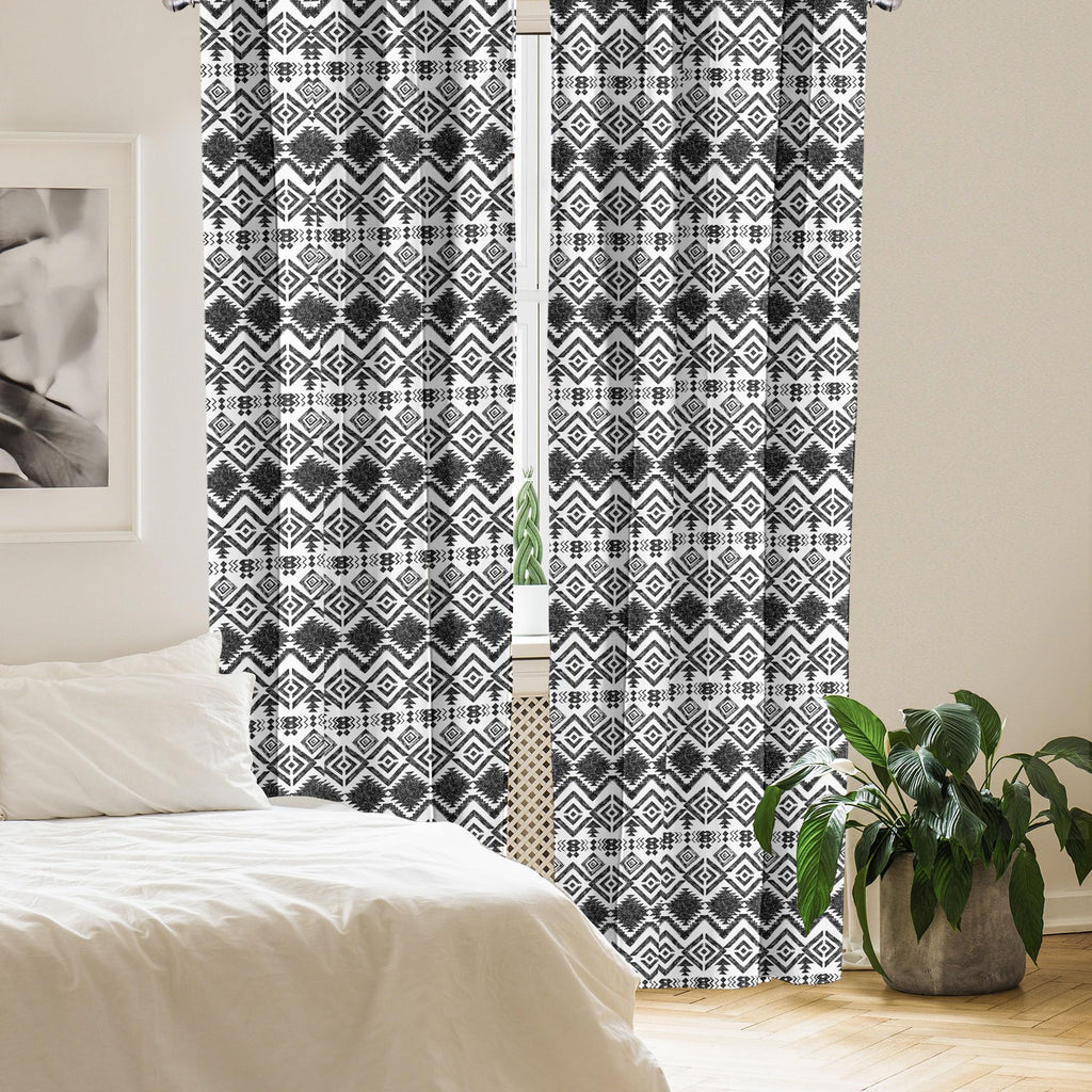 Ambesonne Geometric Curtains, Monochrome Hand Drawn Tribal Pattern Abstract Aztec Motifs Civilizations, Window Treatments 2 Pane