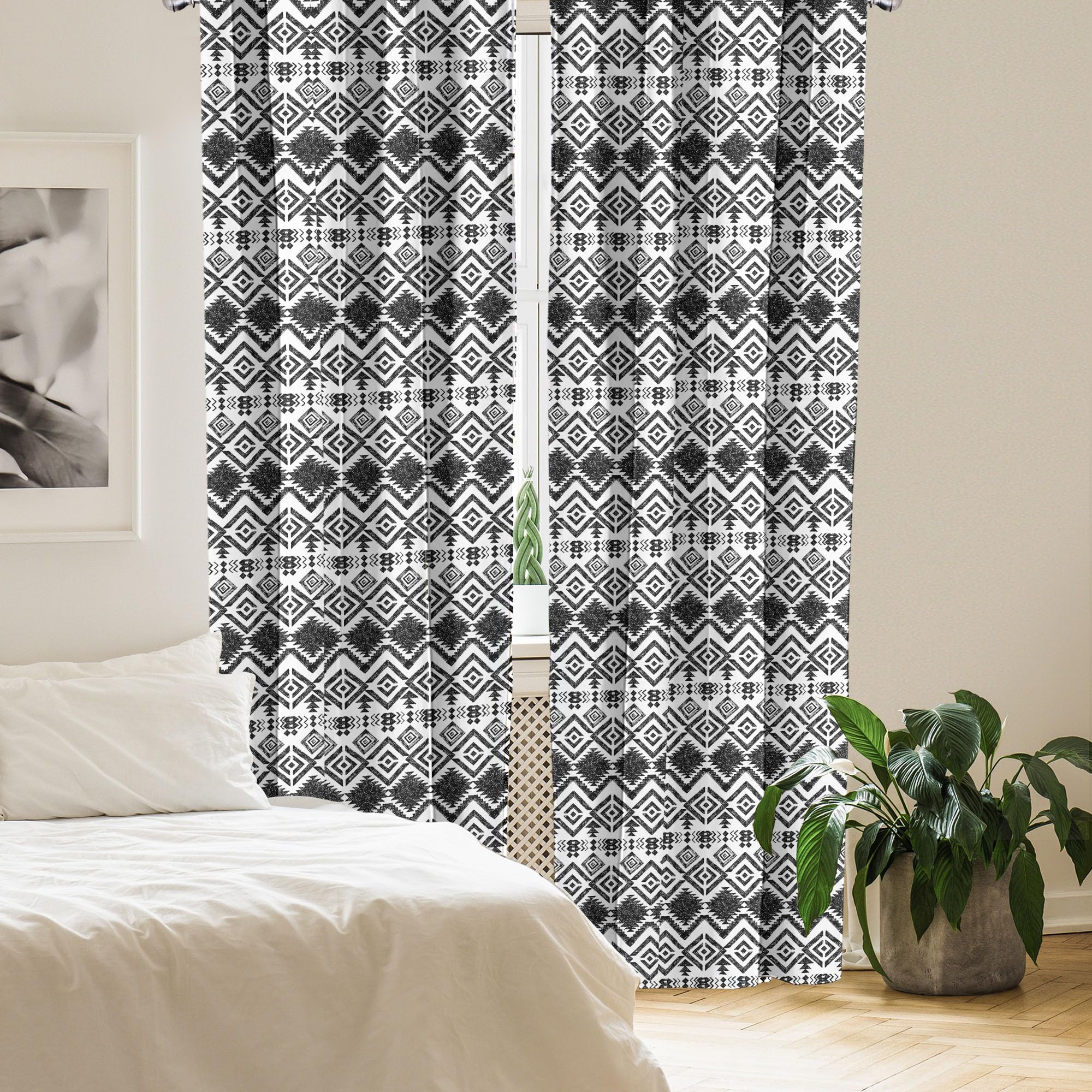 Ambesonne Geometric Curtains, Monochrome Hand Drawn Tribal Pattern Abstract Aztec Motifs Civilizations, Window Treatments 2 Pane