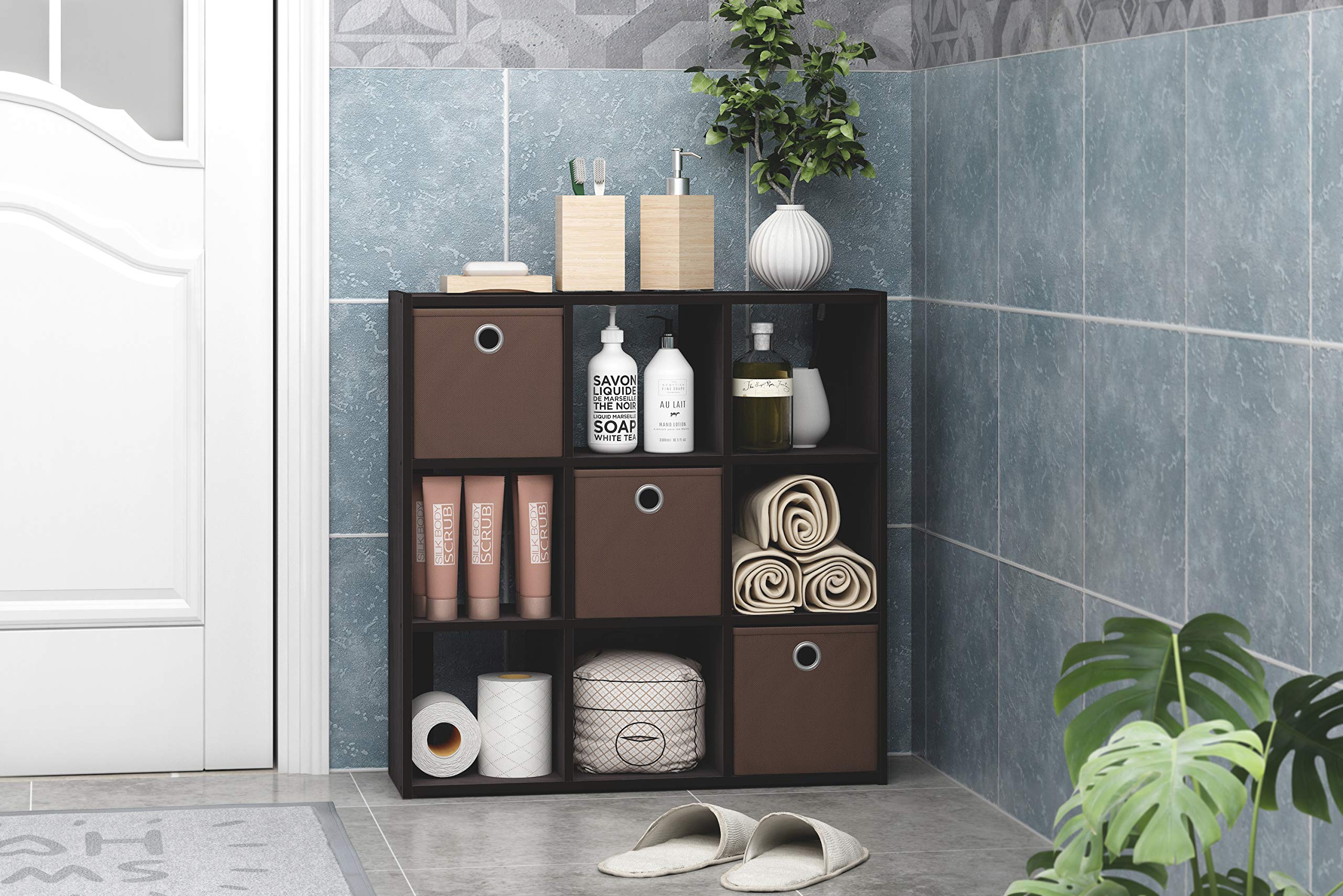 Furinno Simplistic 9-Cube Organizer with Bins, Small Size (Assembled Unit Dimensions : 7.9&quot;D x 26.5&quot;W x 26.7&quot;H Inches), Dark Walnut