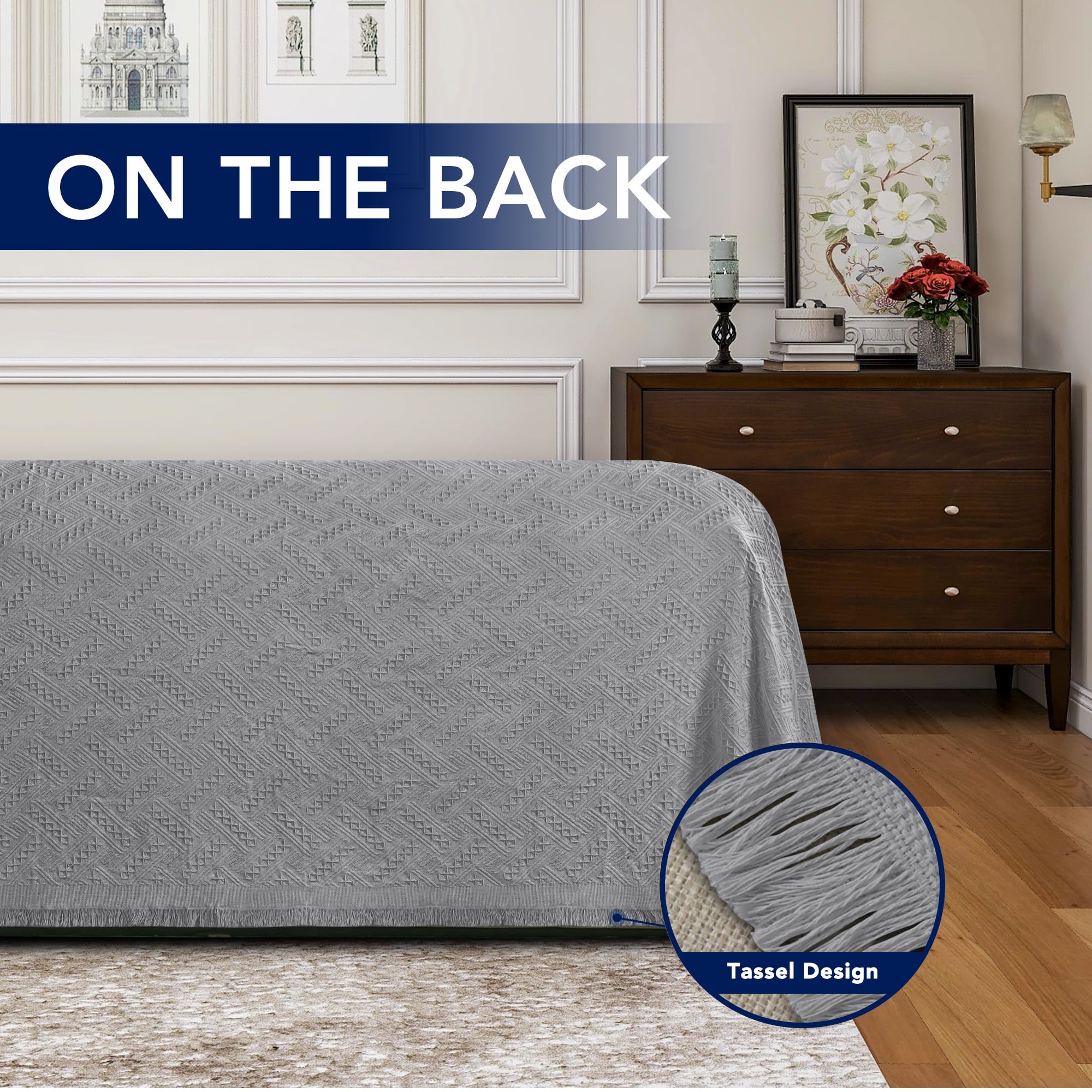 Purefit Geometric Jacquard Throw Sofa Cover - Textured Soft Washable Decorative Couch Covers For 3 Cushion Couch, Throw Cover With Tassels Furniture Protector For Pets, Kids (X-Large, Light Gray)