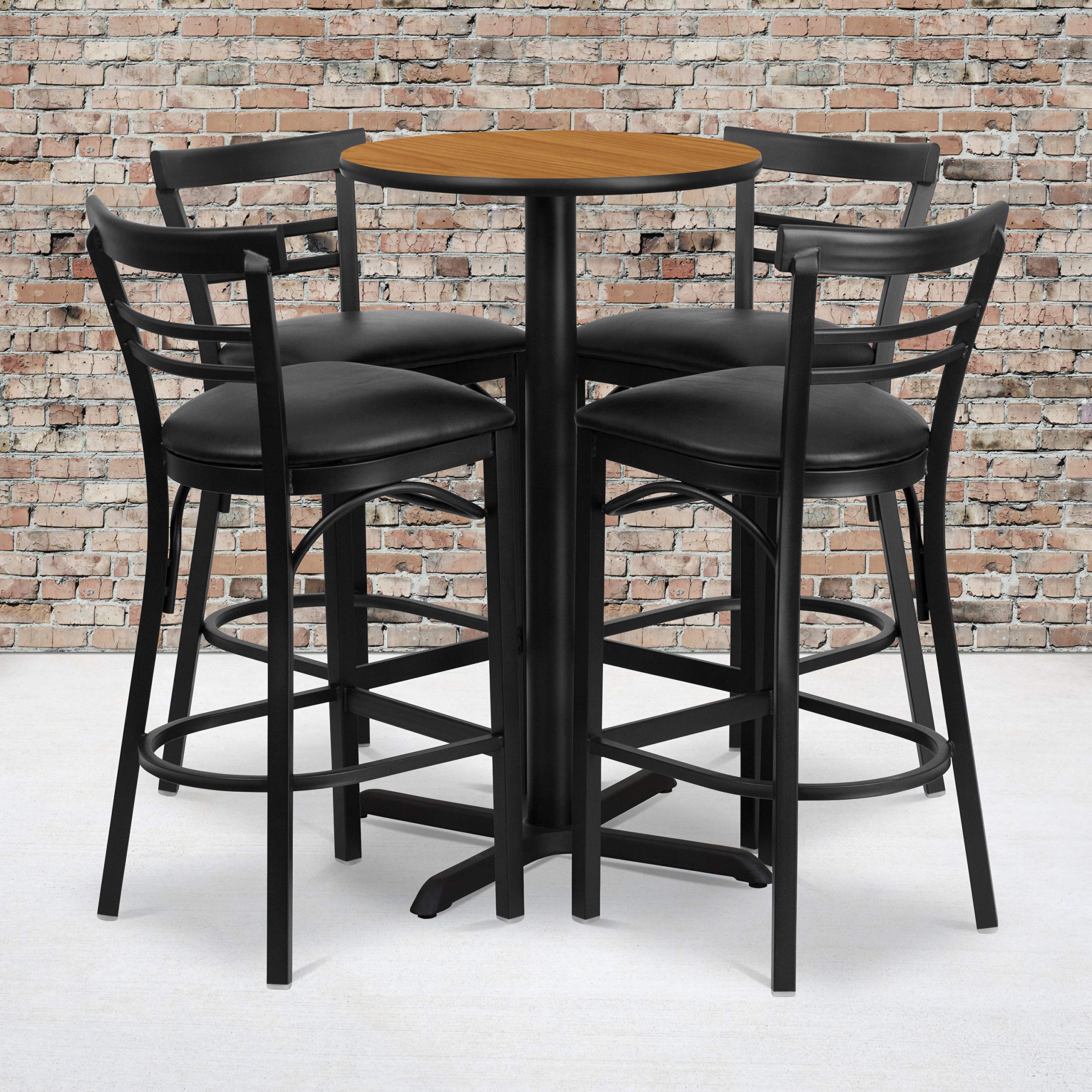 Flash Furniture Carlton 24'' Round Natural Laminate Table Set With X-Base And 4 Two-Slat Ladder Back Metal Barstools - Black Vinyl Seat