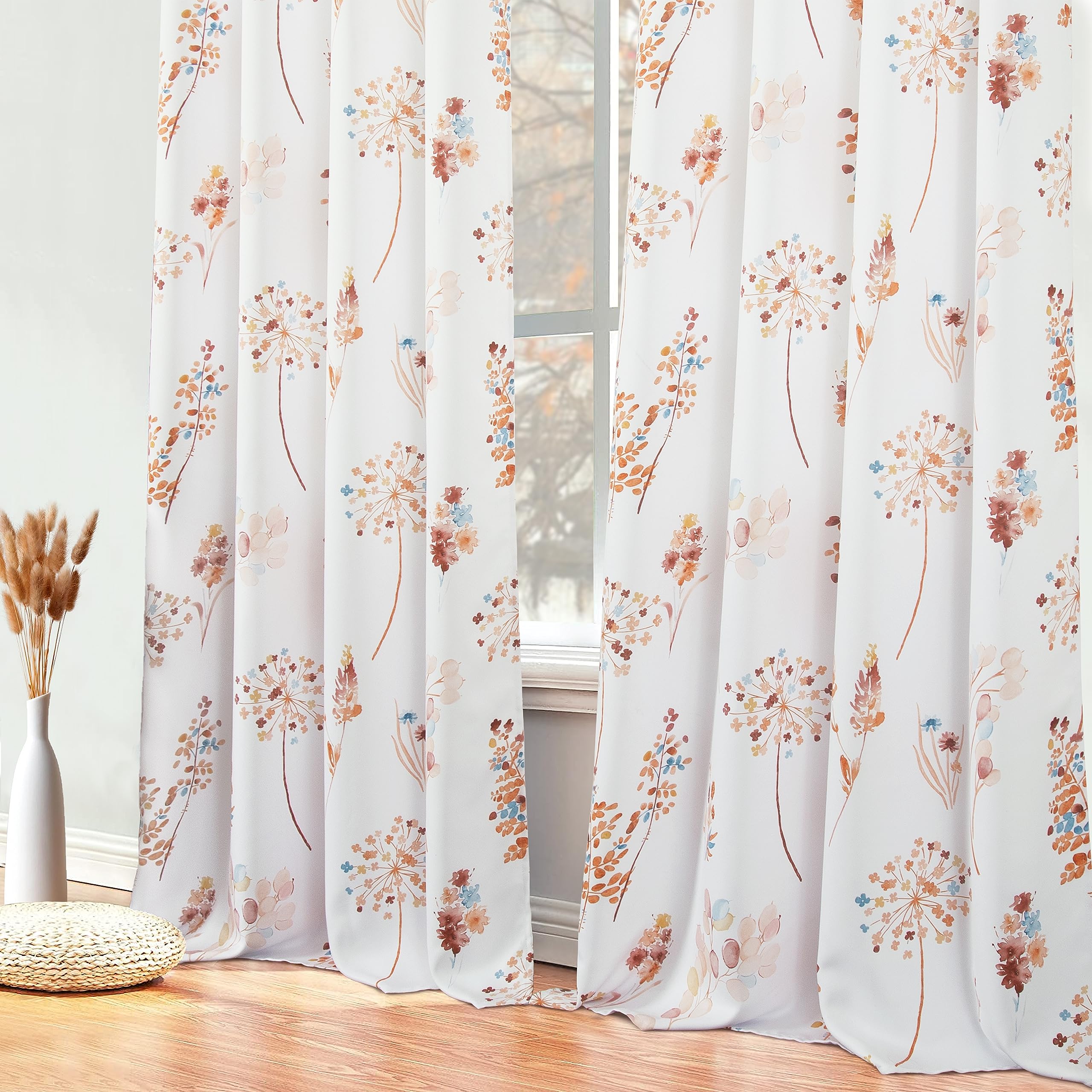 Xtmyi Fall Living Room Curtains 63 Inch Length 2 Panels,Floral Design 80% Black Out Block Heat Light Blocking Room Darkening Win