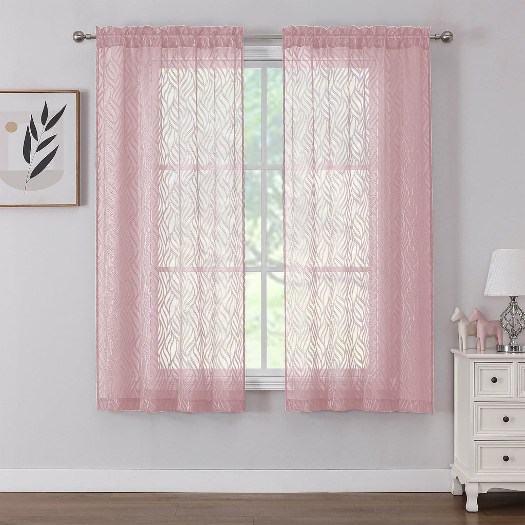 Chyhomenyc Marilyn Blush Pink Sheer Curtains 63 Inch Length 2 Panels, Light Filtering Soft Airy Voile 3D Leaf Clip Jacquard Text