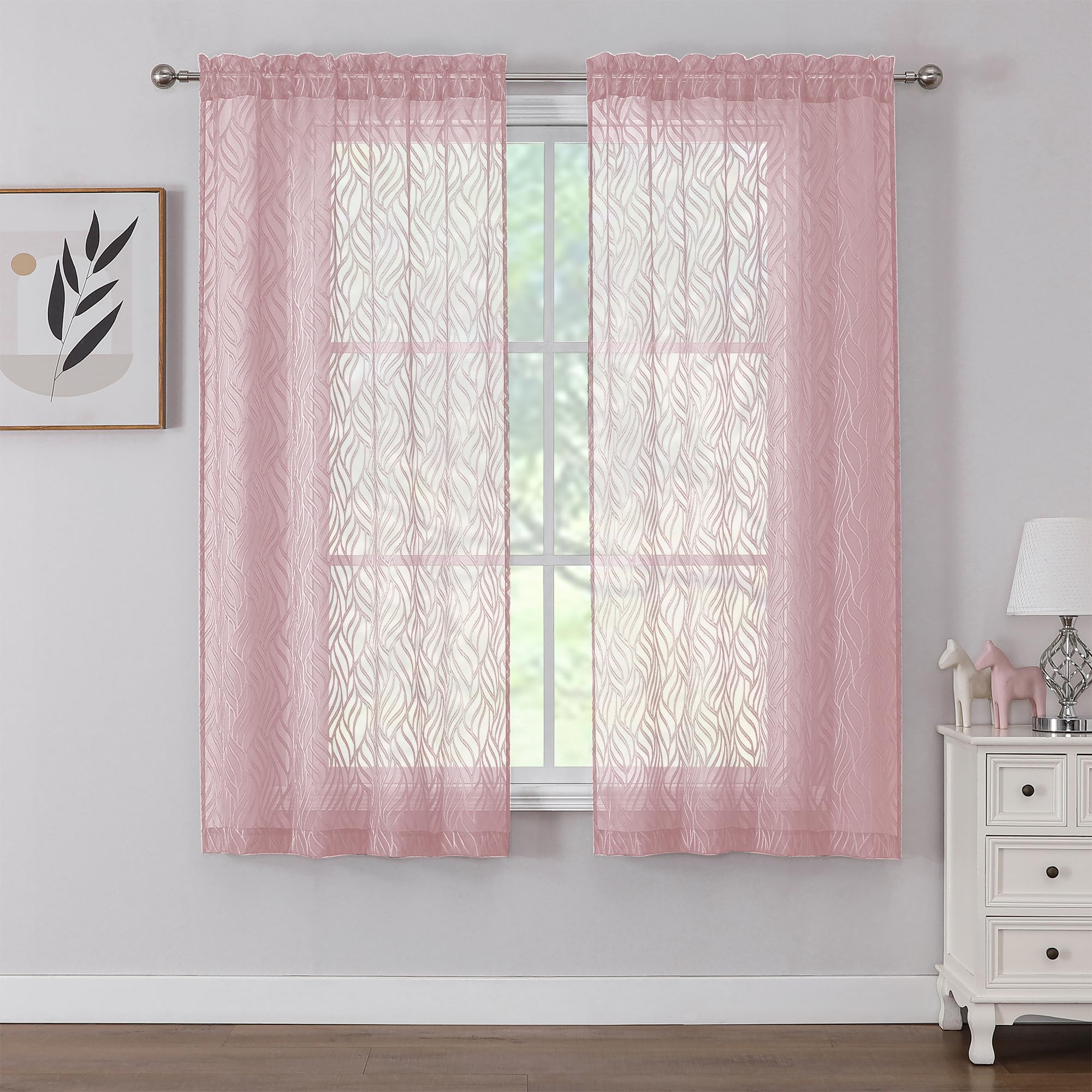Chyhomenyc Marilyn Blush Pink Sheer Curtains 63 Inch Length 2 Panels, Light Filtering Soft Airy Voile 3D Leaf Clip Jacquard Text