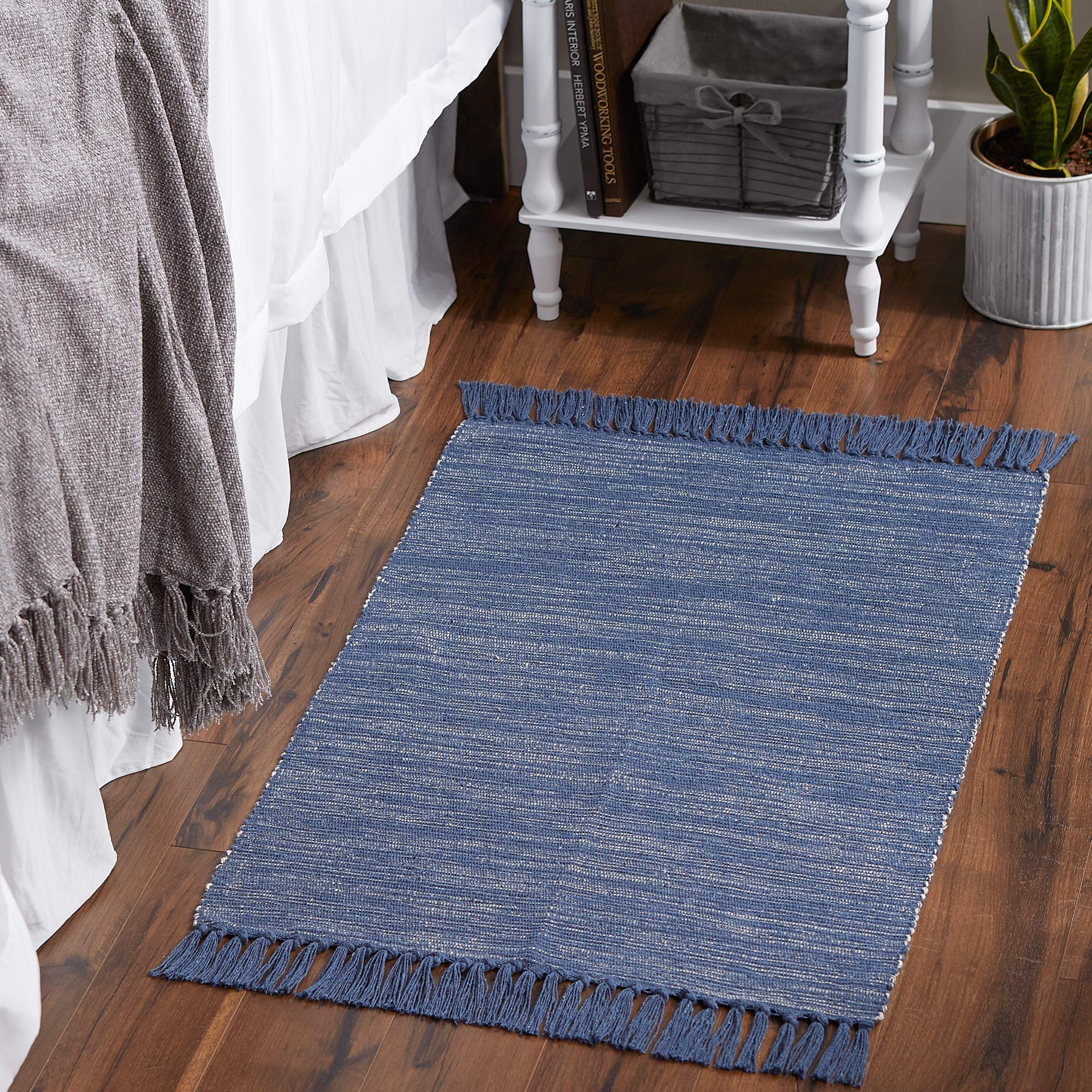 Dii Woven Rugs Collection Ribbed Reversible Cotton, 2X3', French Blue & Off-White