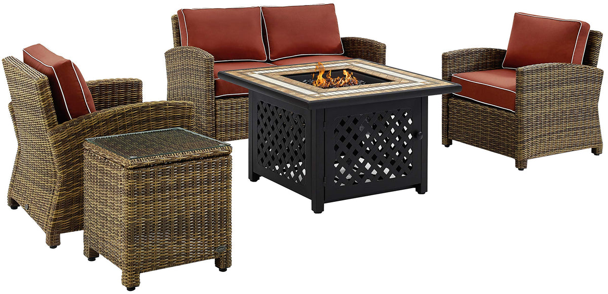 Crosley Furniture Bradenton 5-Piece Wicker Outdoor Loveseat Patio Furniture Set with Gas Fire Pit Table, Brown with Sangria Cushions