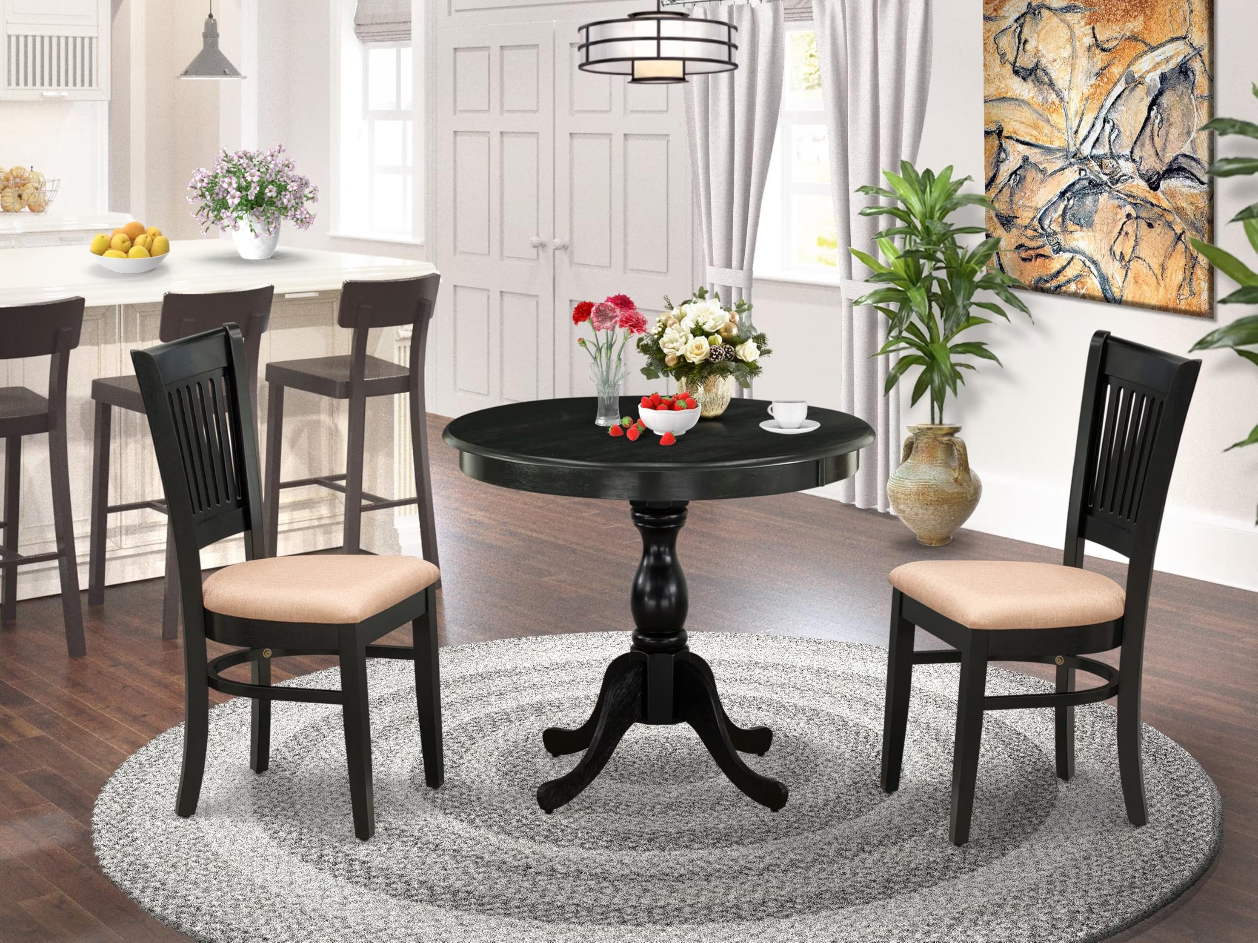 East West Furniture Amva3-Blk-C 3 Piece Dining Room Furniture Set Contains A Round Dining Table With Pedestal And 2 Linen Fabric Upholstered Chairs, 36X36 Inch, Black