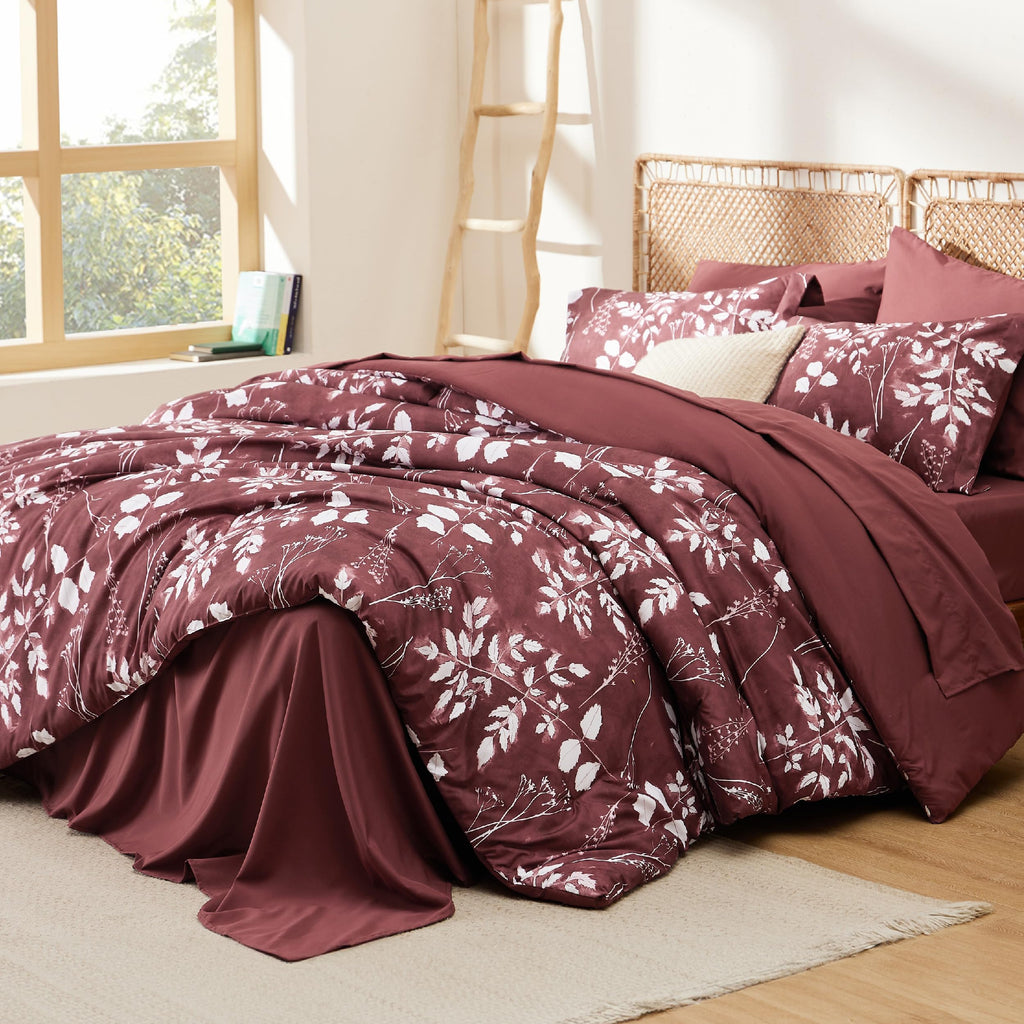 Bedsure Burgundy Full Comforter Set - 7 Pieces Floral Bedding Sets Full Bed In A Bag With Reversible Botanical Flowers Comforter, Sheets, Pillowcases & Shams