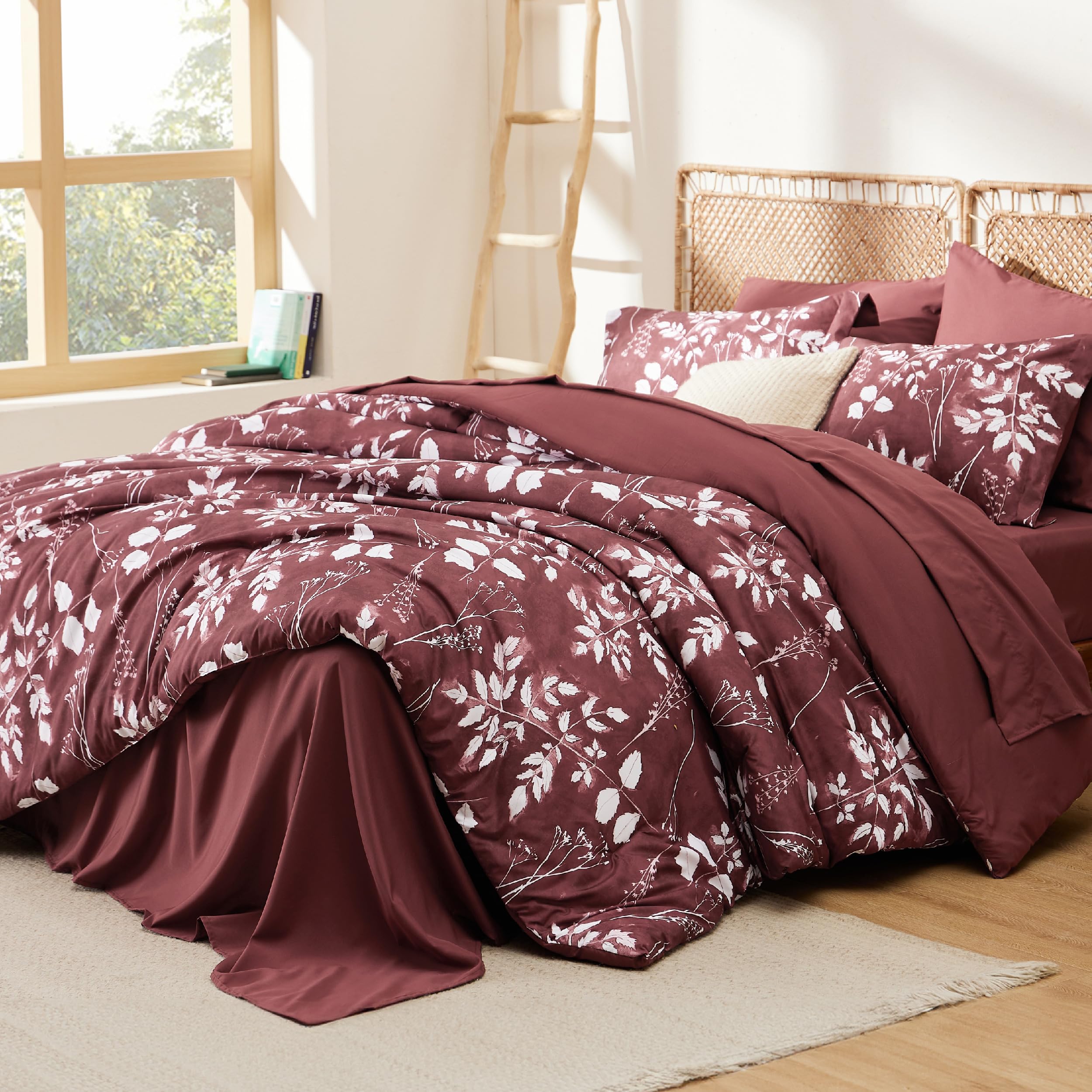 Bedsure Burgundy Full Comforter Set - 7 Pieces Floral Bedding Sets Full Bed In A Bag With Reversible Botanical Flowers Comforter, Sheets, Pillowcases & Shams