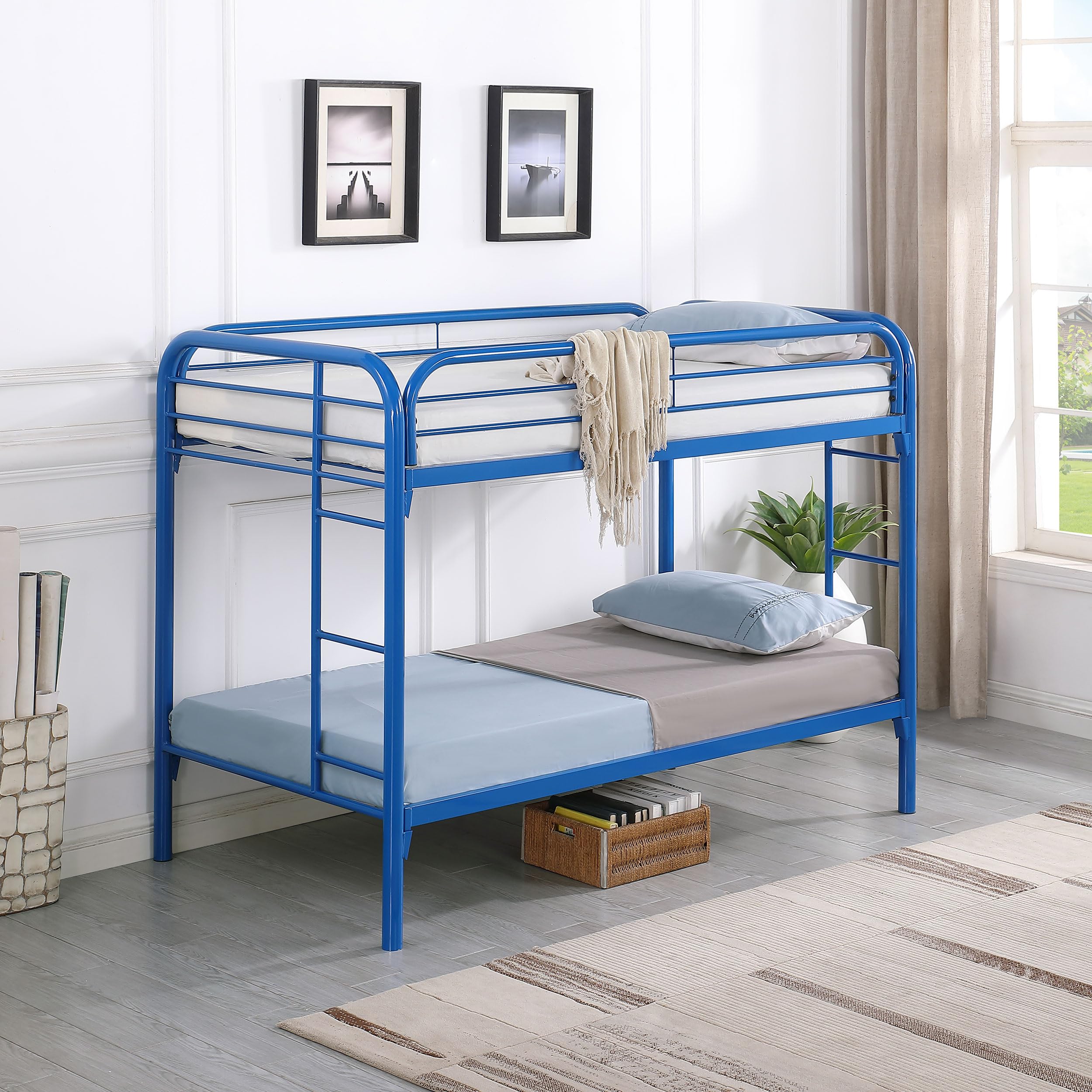 Coaster Home Furnishings Morgan Twin Over Twin Sturdy Metal Modern Bunk Bed Heavy Duty Steel Welded Slat Frame Easy Assembly Blue 2256B
