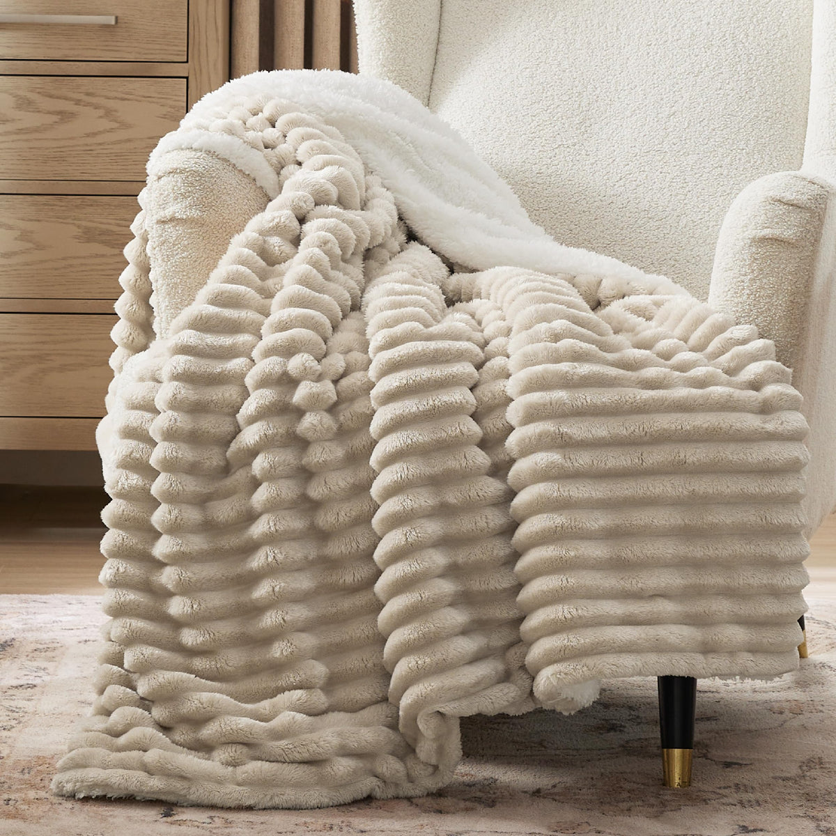 Bedsure Sherpa Throw Blanket For Couch - Super Soft Cozy Blanket For Bed, Fleece Thick Warm Blanket For Winter, Plush Beige Thro