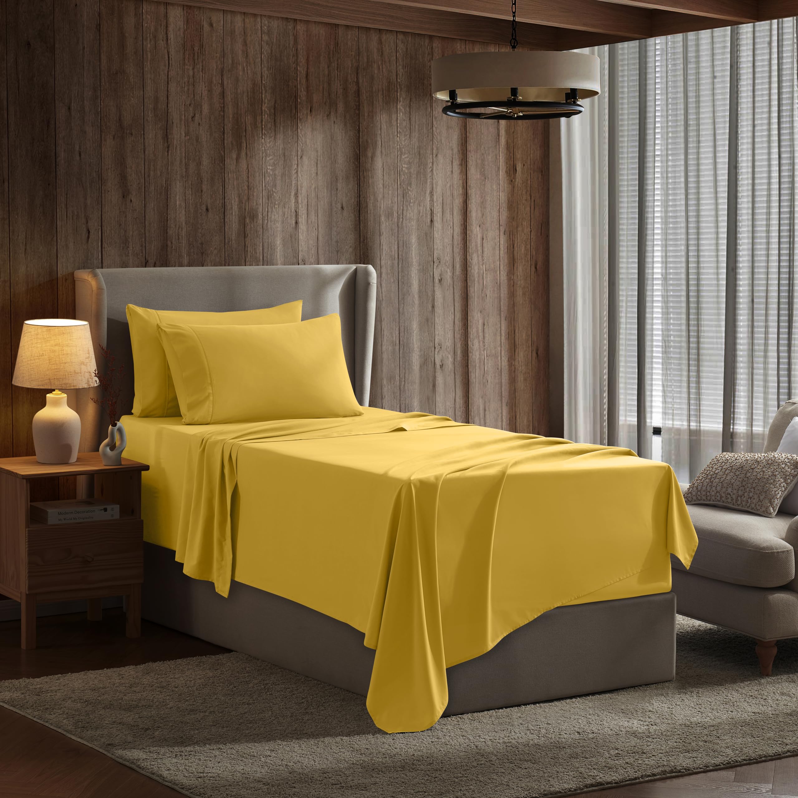 Nestl Extra Twin Deep Pocket Sheets Set - 4 Pc Soft Microfiber Twin Sheets Deep Pocket - Fade Resistant Bedding Sheets & Pillowcases - Twin, Yellow