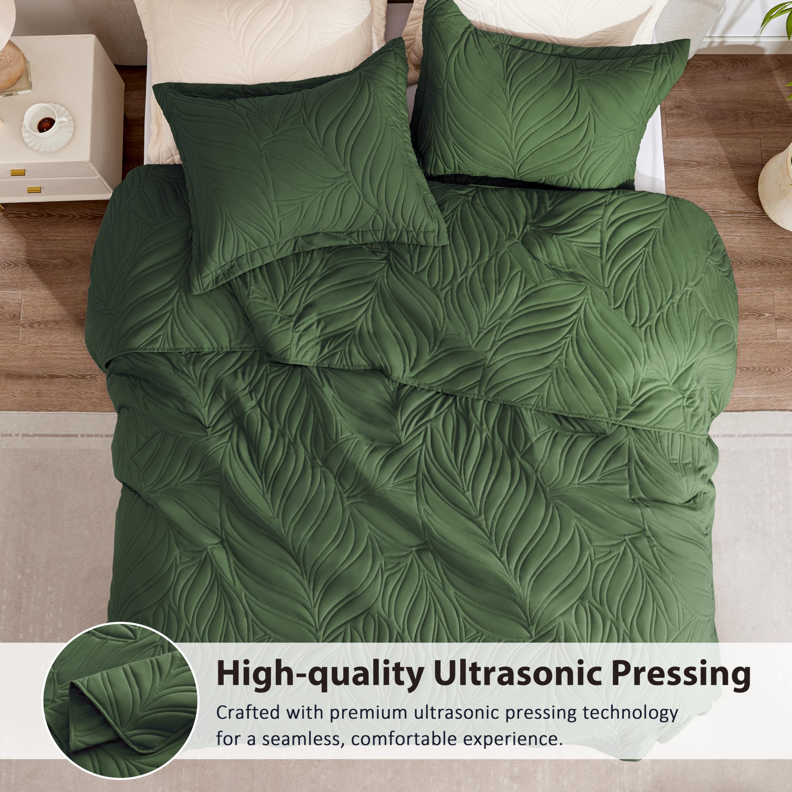 Exq Home Quilt Set Full Queen Size Olive Green 3 Piece,Lightweight Soft Coverlet Modern Style Leaf Pattern Bedspread Set(1 Quilt
