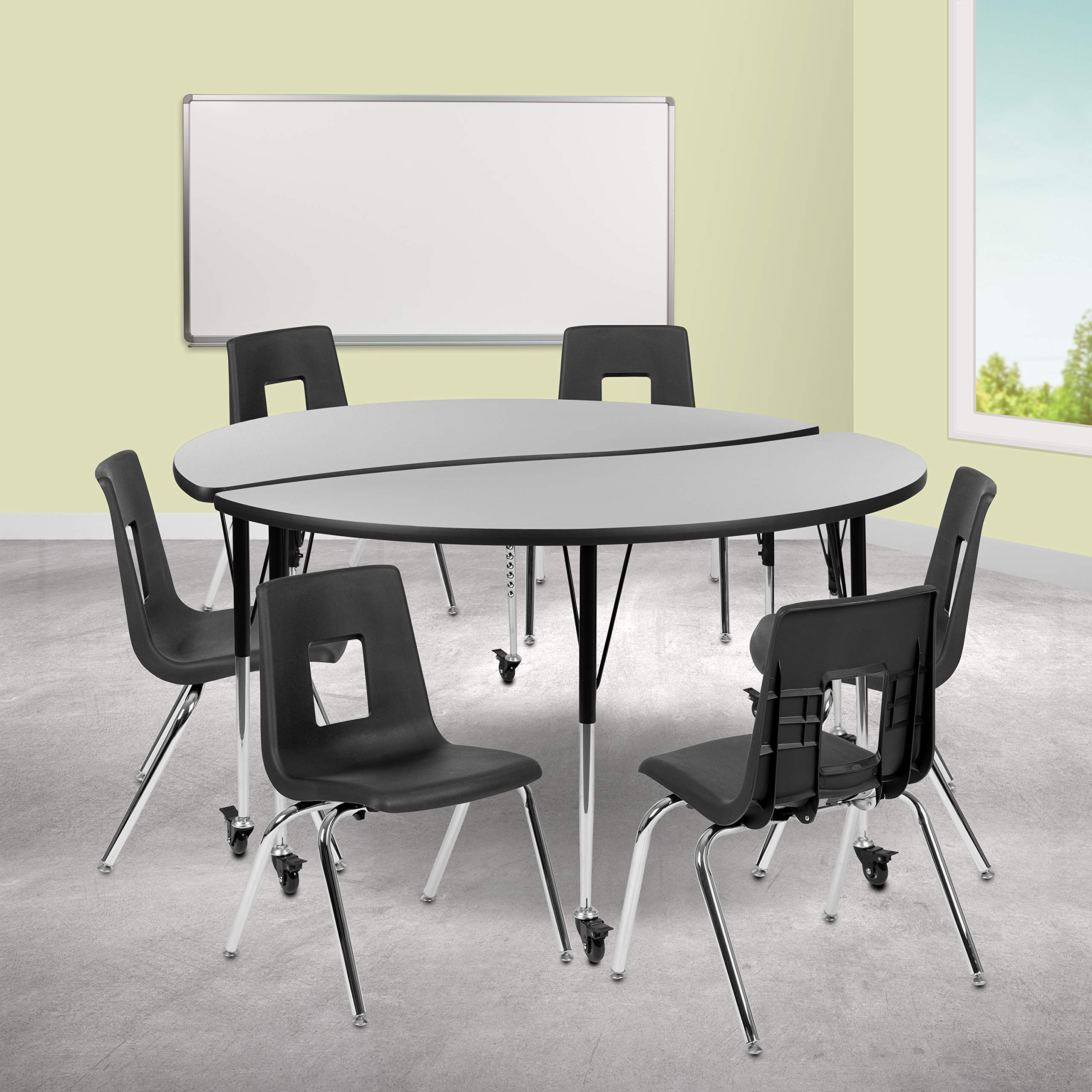Flash Furniture Mobile 60' Circle Wave Collaborative Laminate Activity Table Set With 18' Student Stack Chairs, Grey/Black