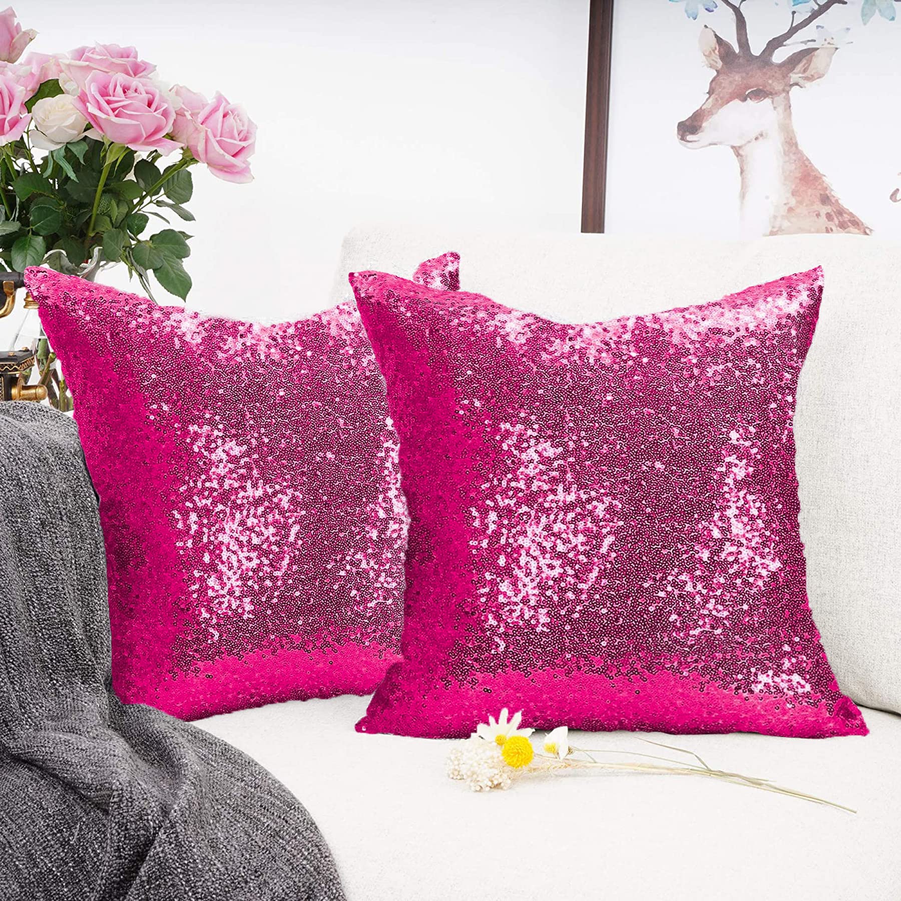 Shinybeauty Sequin Pillow Case Hot Pink 20X20 Inch Pack Of 2 Sequin Pillow Covers Set Zipper Couch Cushion Covers Fuchsia Rustic