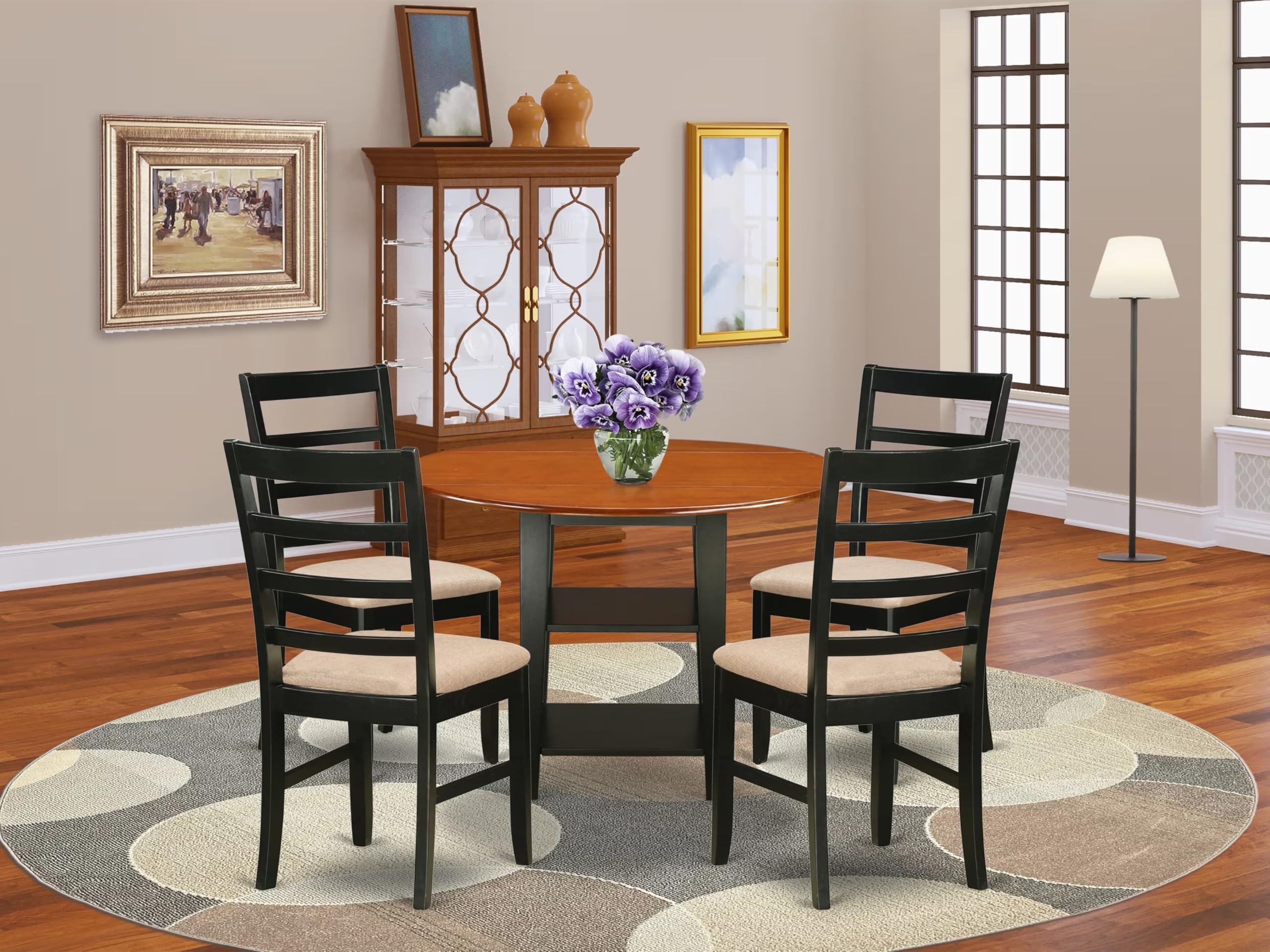 East West Furniture SUPF5-BCH-C 5 Piece Kitchen Table & Chairs Set Includes a Round Dining Table with Dropleaf & Shelves and 4 Linen Fabric Dining Room Chairs, 42x42 Inch, Black & Cherry