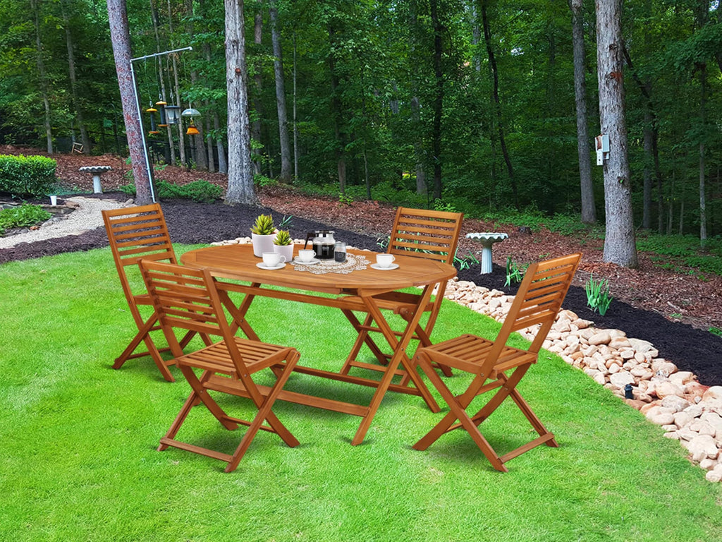 East West Furniture Dibs5Cwna 5 Piece Patio Dining Set Includes An Oval Outdoor Acacia Wood Table And 4 Folding Side Chairs, 36X60 Inch, Natural Oil