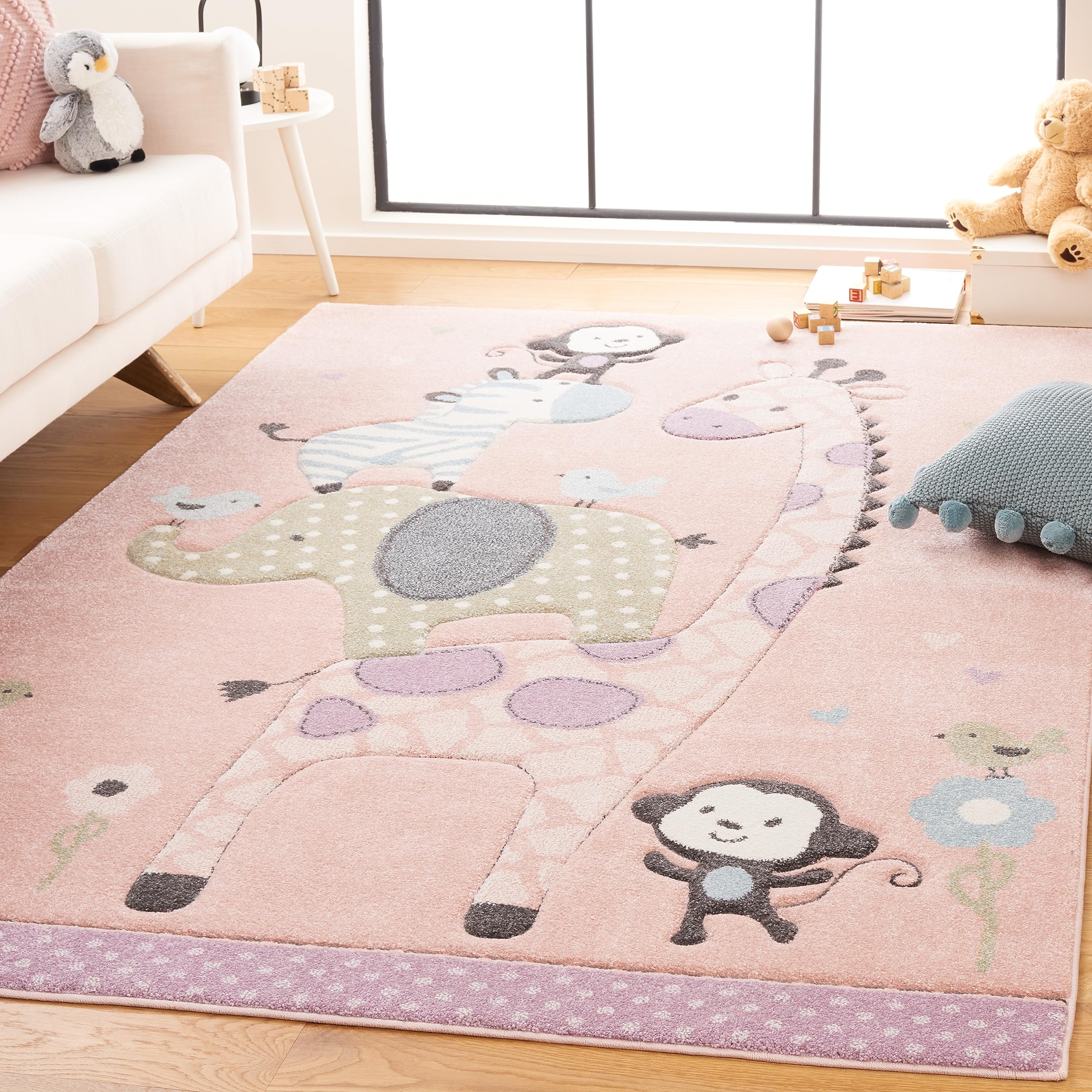 SAFAVIEH Carousel Kids Collection Area Rug - 67 Square, Blush Pink, Animal Design, Ideal for High Traffic Area for Boys & Girls