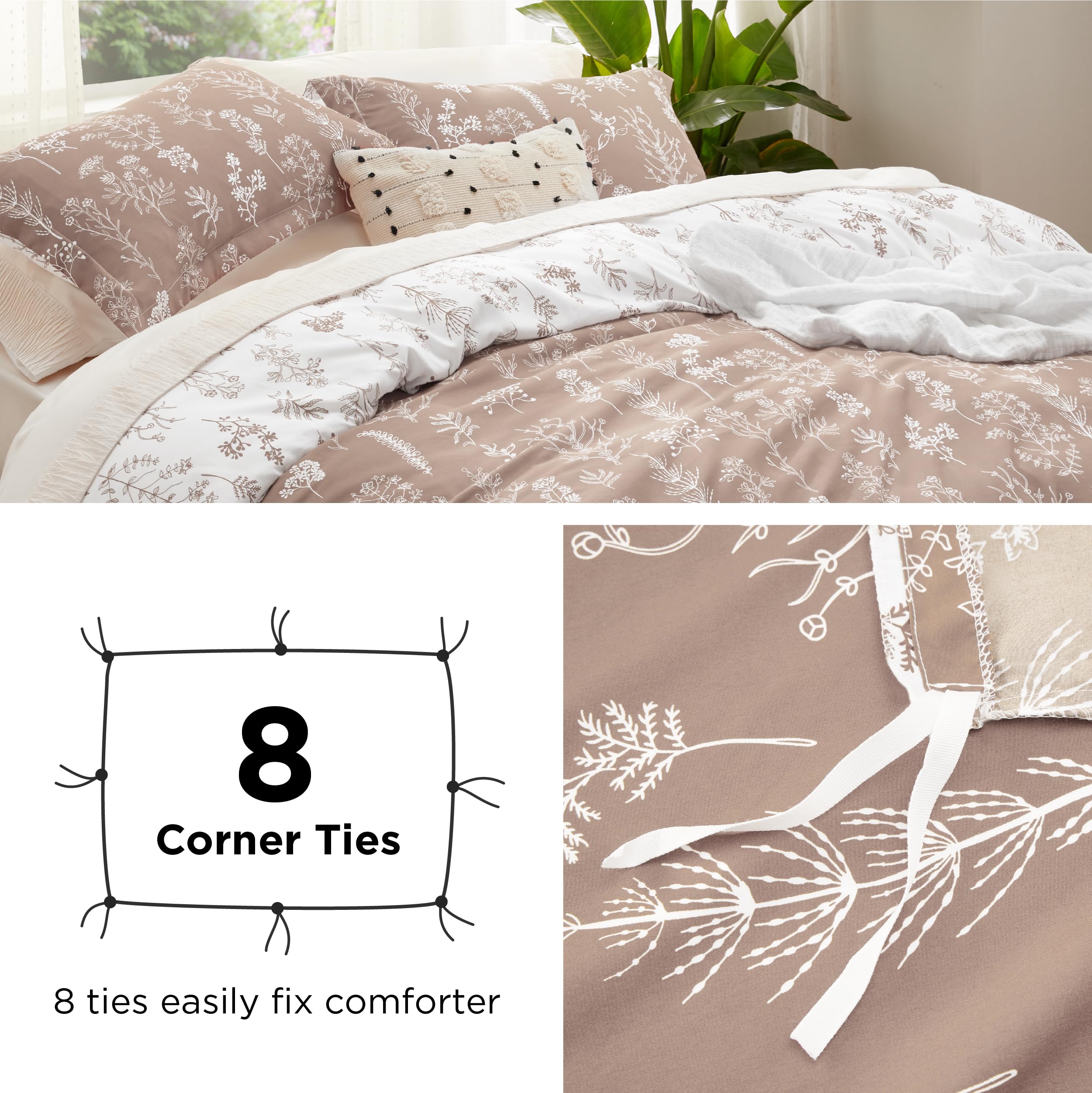 Bedsure Duvet Cover King Size - Reversible Light Taupe King Duvet Cover Set With Zipper Closure, 3 Pieces Floral Patterned Bedding Set With 8 Corner Ties And 2 Pillow Shams