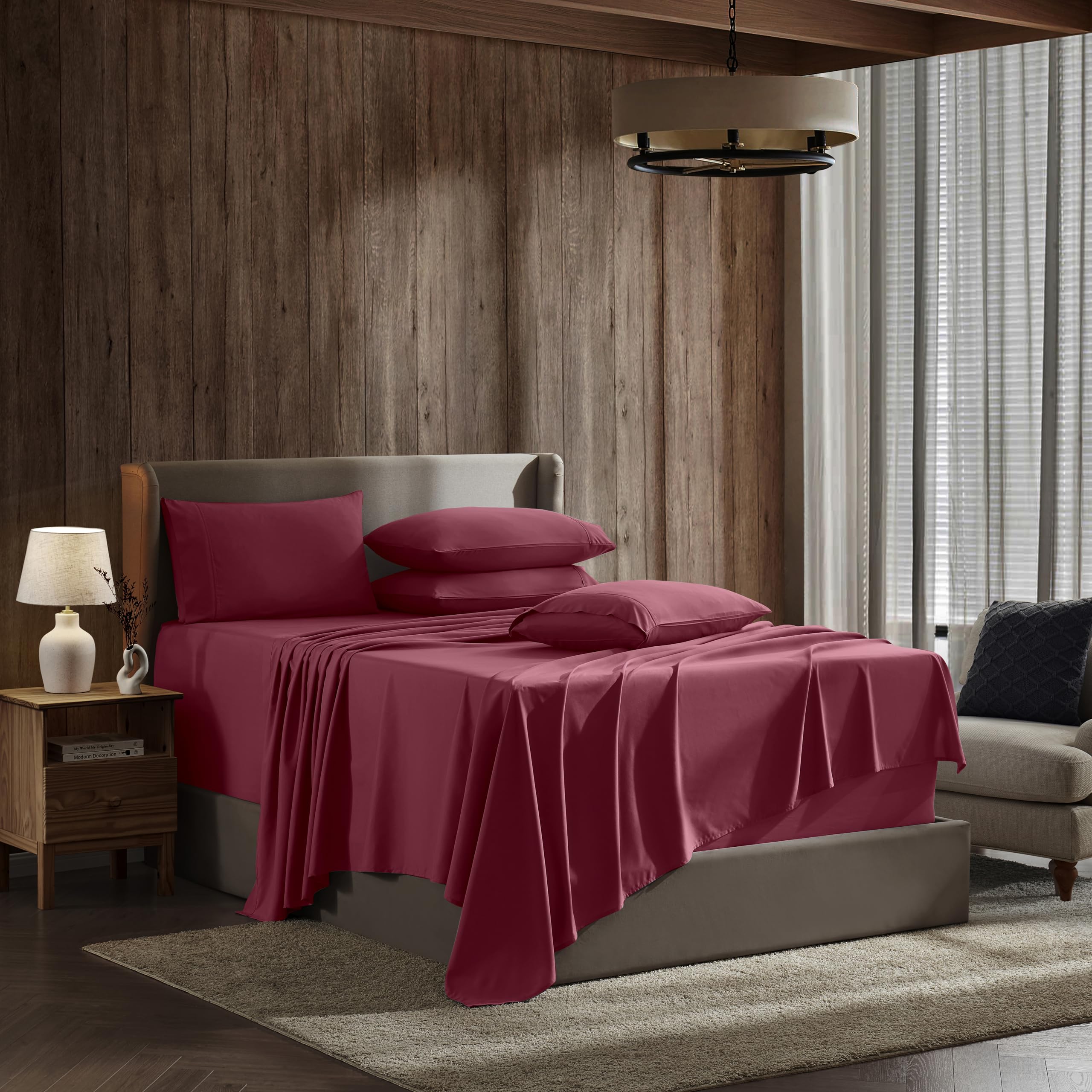 Nestl Extra Deep Pocket Split King Sheet Set - 7 Pc Soft Microfiber Split King Sheet Sets Deep Pocket - Fade Resistant Bedding Sheets & Pillowcases - Split King, Burgundy Red