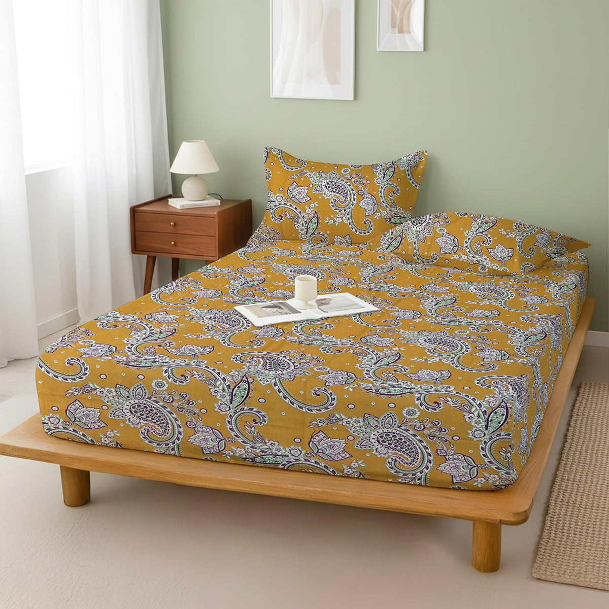 Weave & Decor Cotton AllRound Elastic Super King Size Fitted Bedsheet 78x78x8 Inches with 2 Pillow Covers, Breathable, Soft, Sh