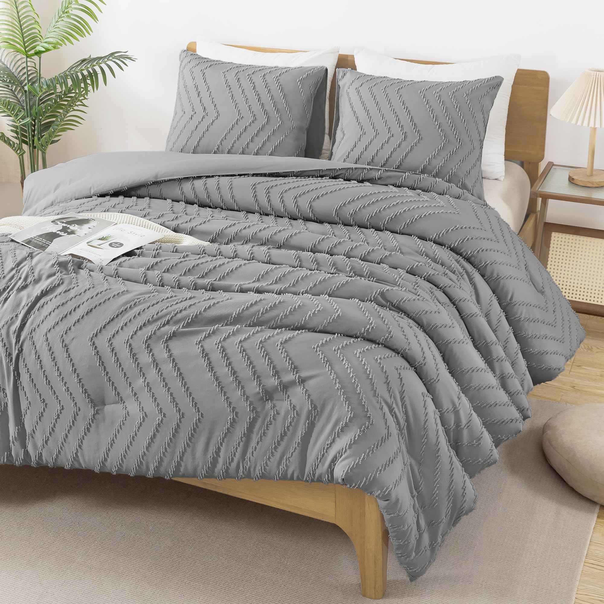 Andency Medium Grey Comforter Set Queen Size, Boho Soft Warm Tufted Bedding Comforter Sets For Queen Size Bed, 3 Pieces Aestheti