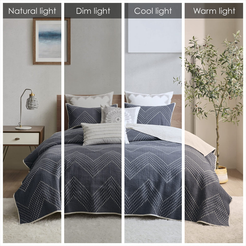 Ink+Ivy Reversible Cotton Quilt Set - Trendy Chevron Design Summer Cover Breathable Coverlet, Lightweight All Season Bedding Layer For Winter, Matching Shams, King/Cal King(104'X92'), Navy 3 Piece