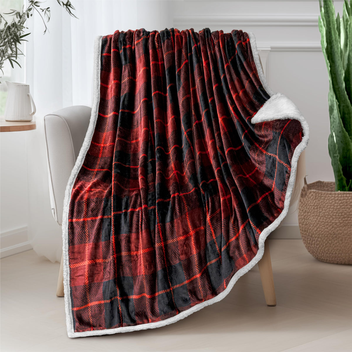 Pavilia Red Black Plaid Sherpa Throw Blanket For Couch, Super Soft Plush Flannel Blanket & Throws For Bed Sofa, Warm Cozy Winter