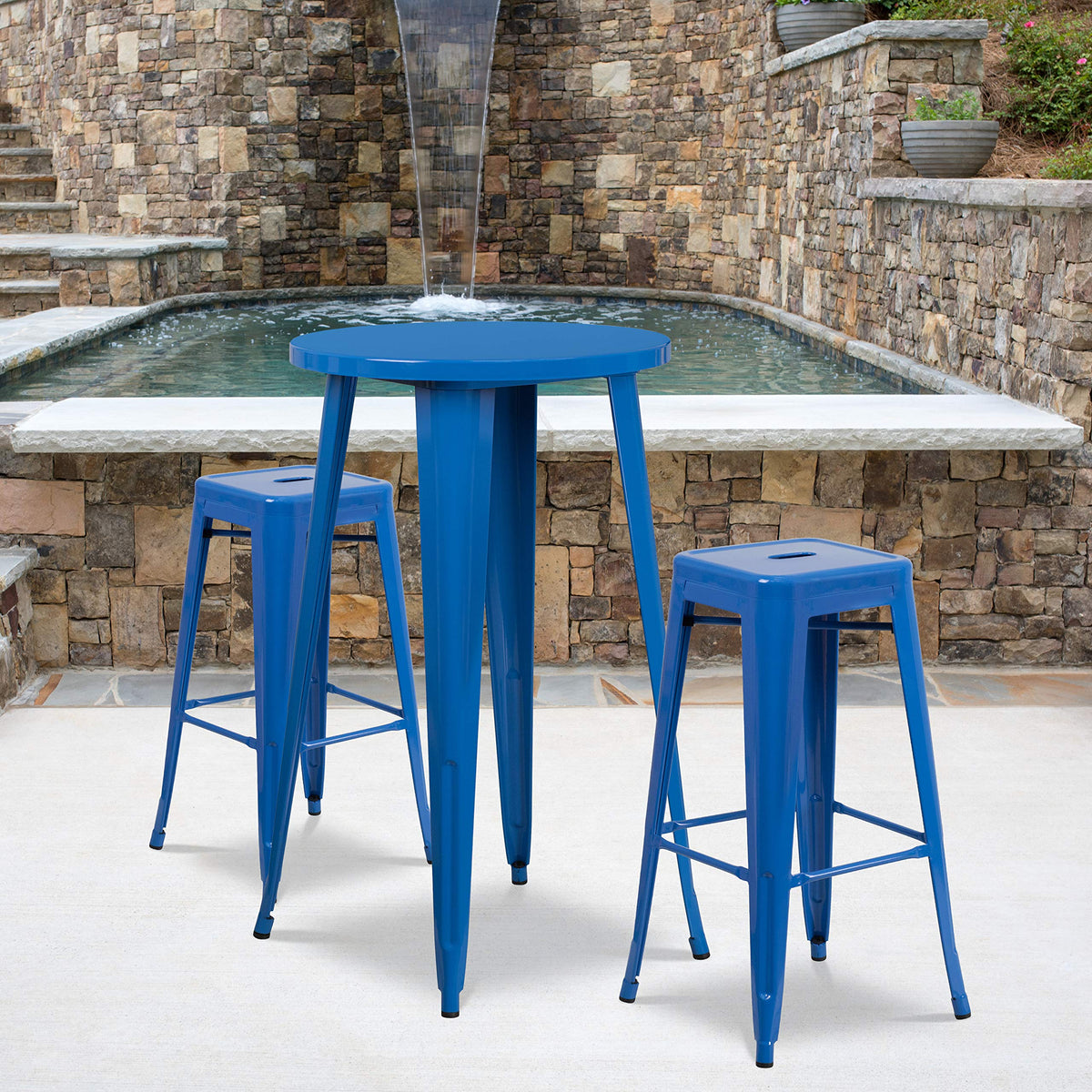 Flash Furniture Commercial Grade 24&quot; Round Blue Metal Indoor-Outdoor Bar Table Set with 2 Square Seat Backless Stools